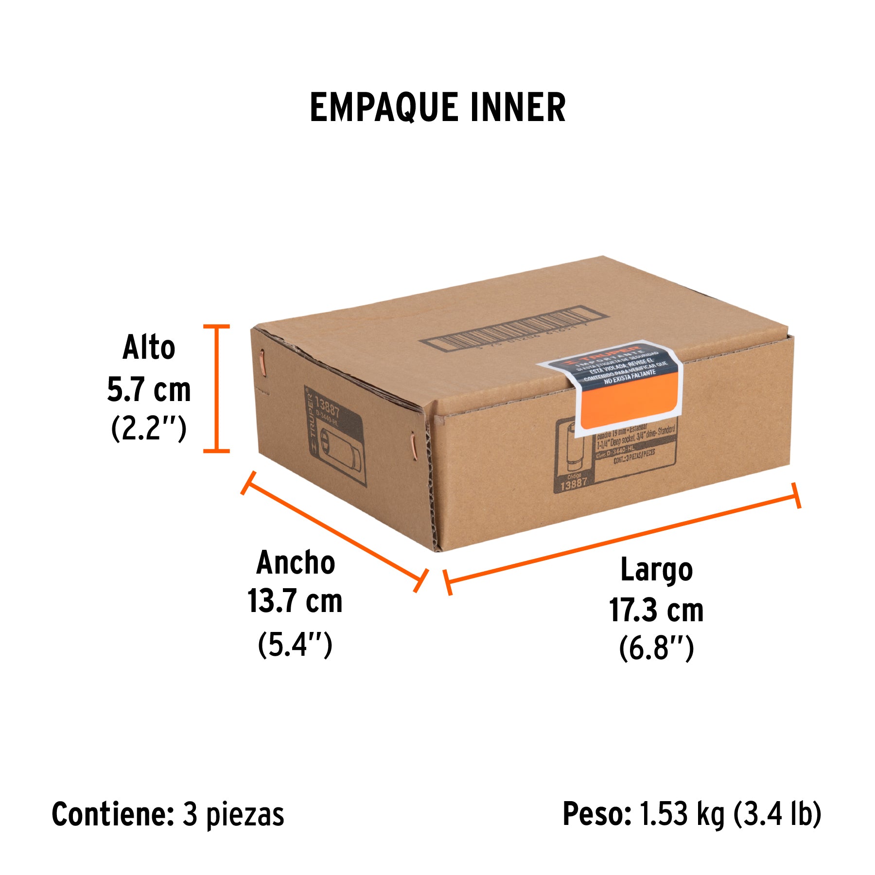 Dado de 6 puntas, largo, cuadro 3/4" de 1-1/4"