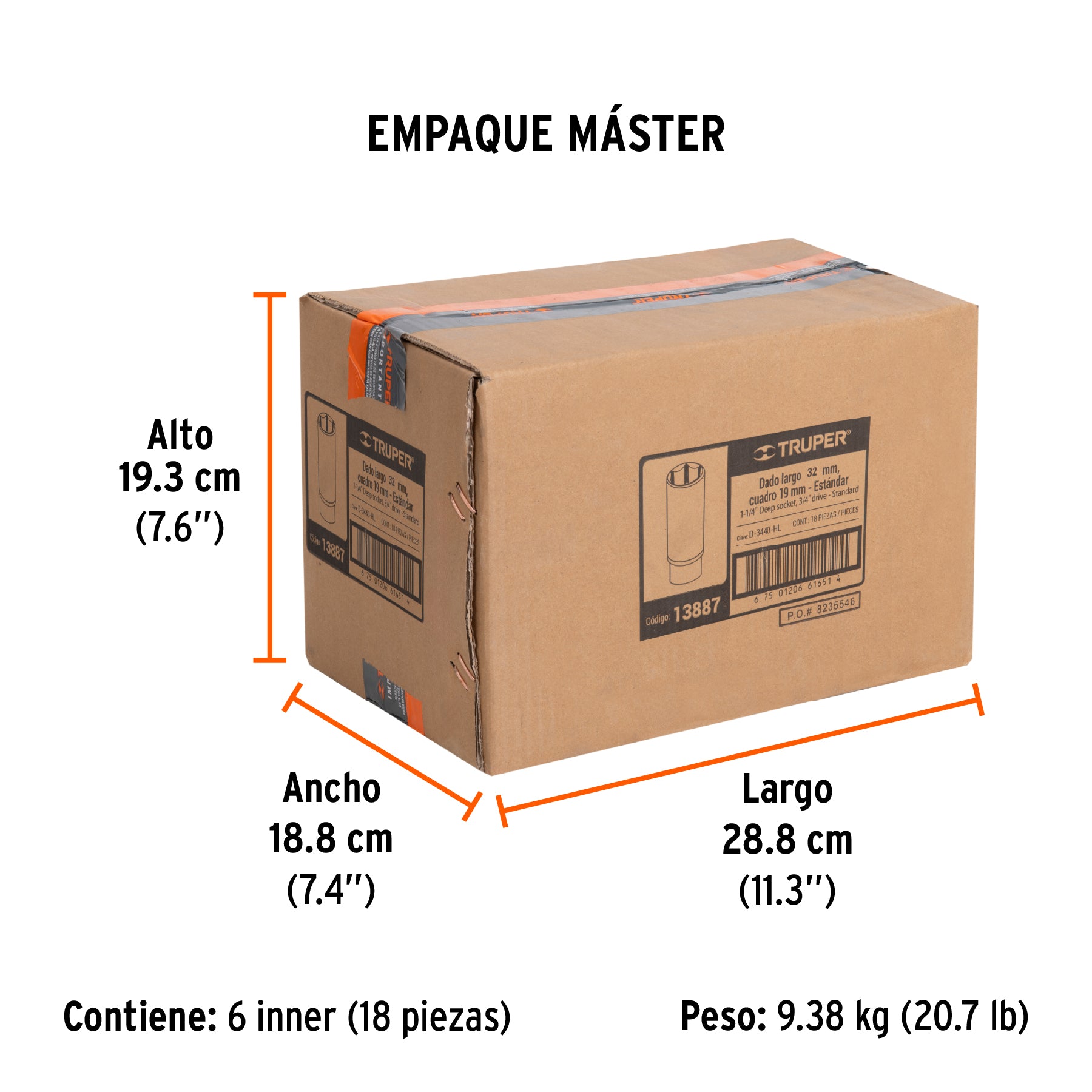 Dado de 6 puntas, largo, cuadro 3/4" de 1-1/4"