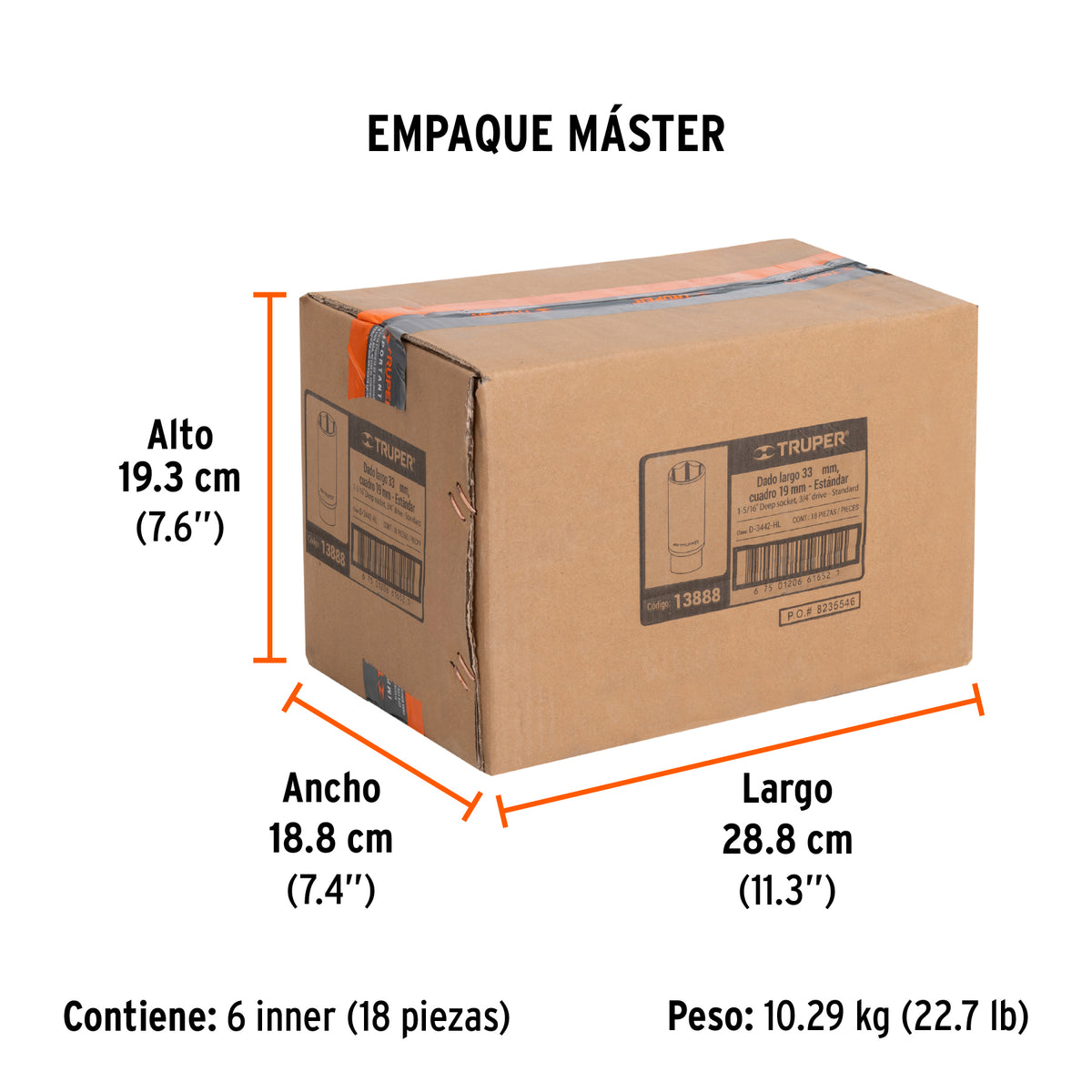 Dado de 6 puntas, largo, cuadro 3/4" de 1-5/16"