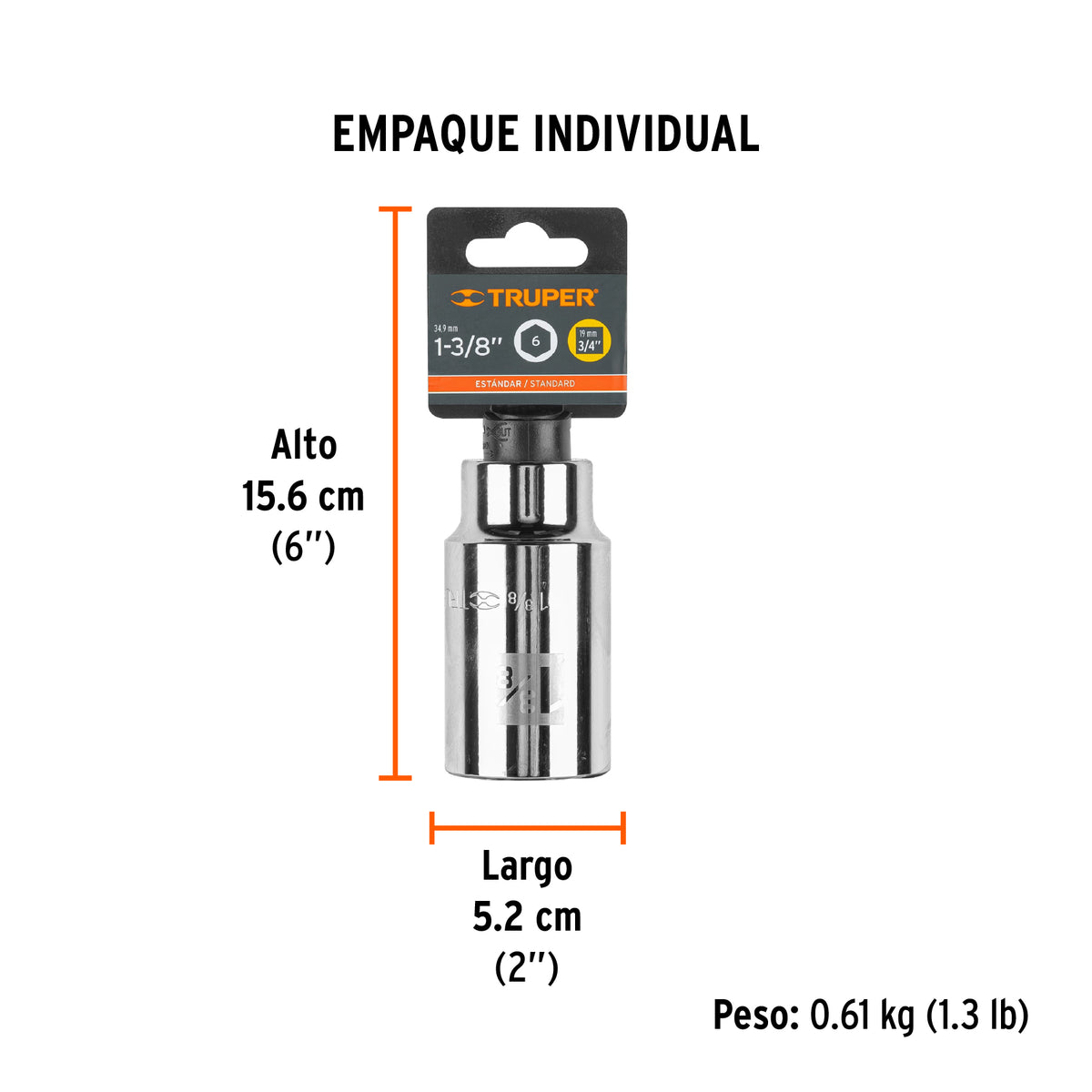 Dado de 6 puntas, largo, cuadro 3/4" de 1 3/8"