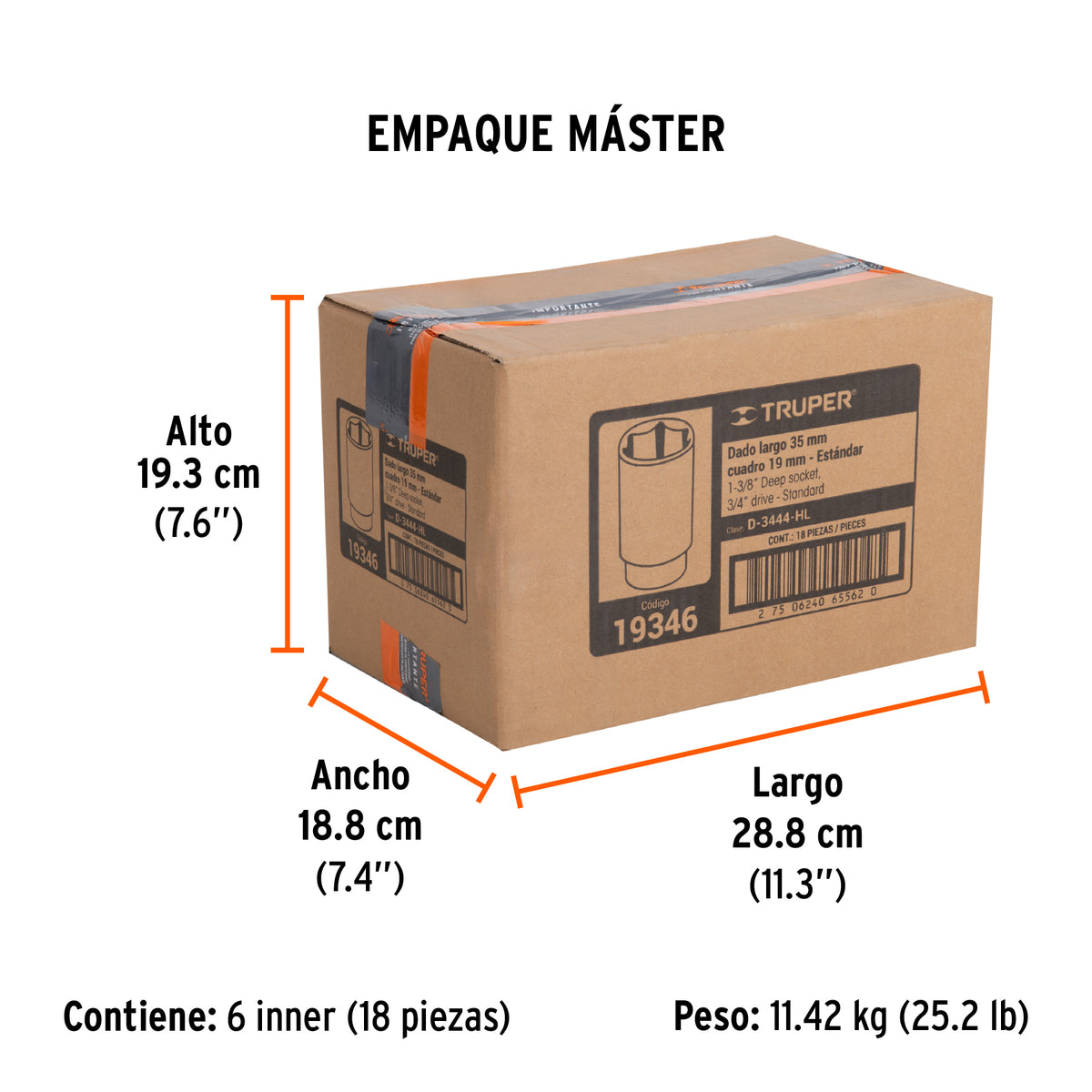 Dado de 6 puntas, largo, cuadro 3/4" de 1 3/8"