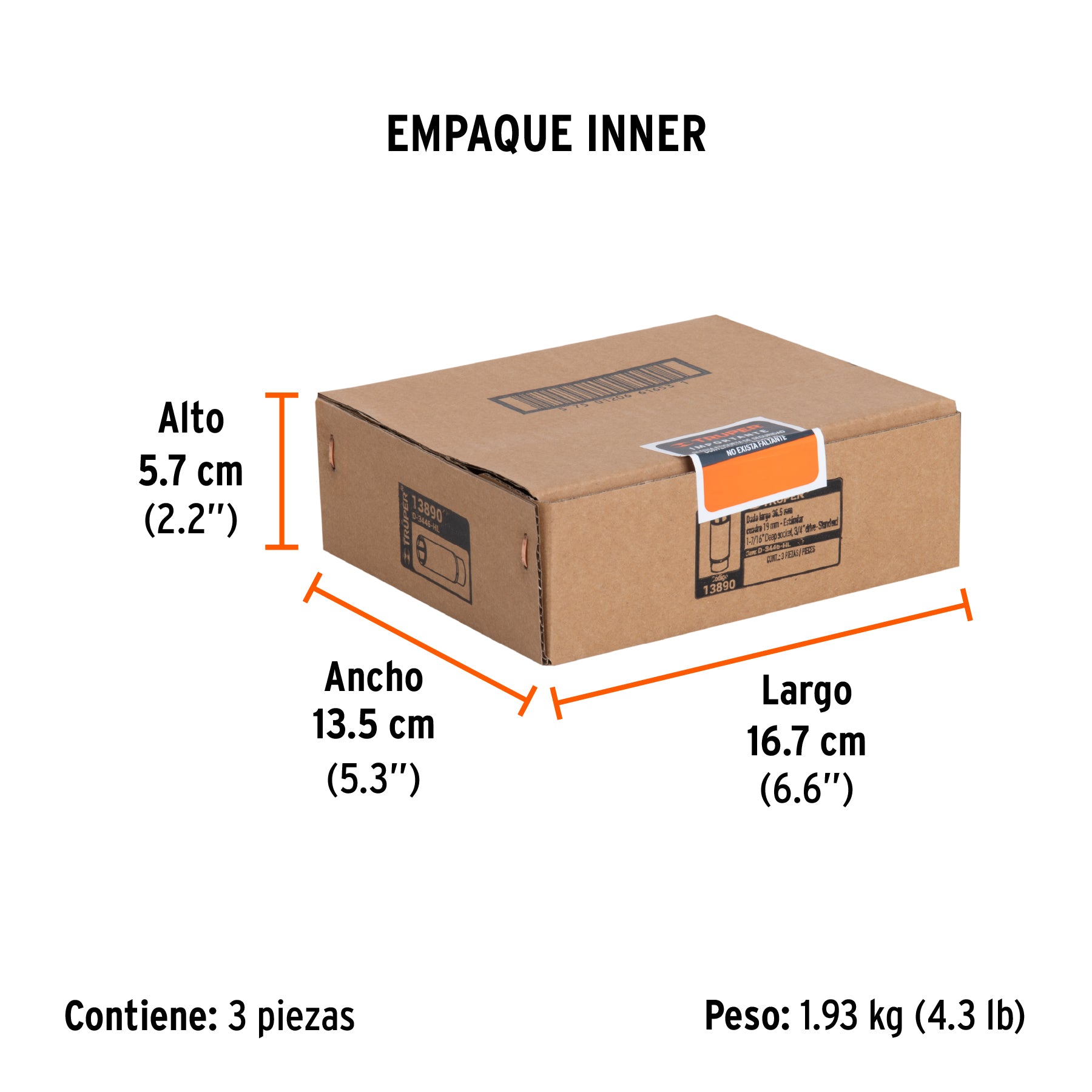 Dado de 6 puntas, largo, cuadro 3/4" de 1-7/16"