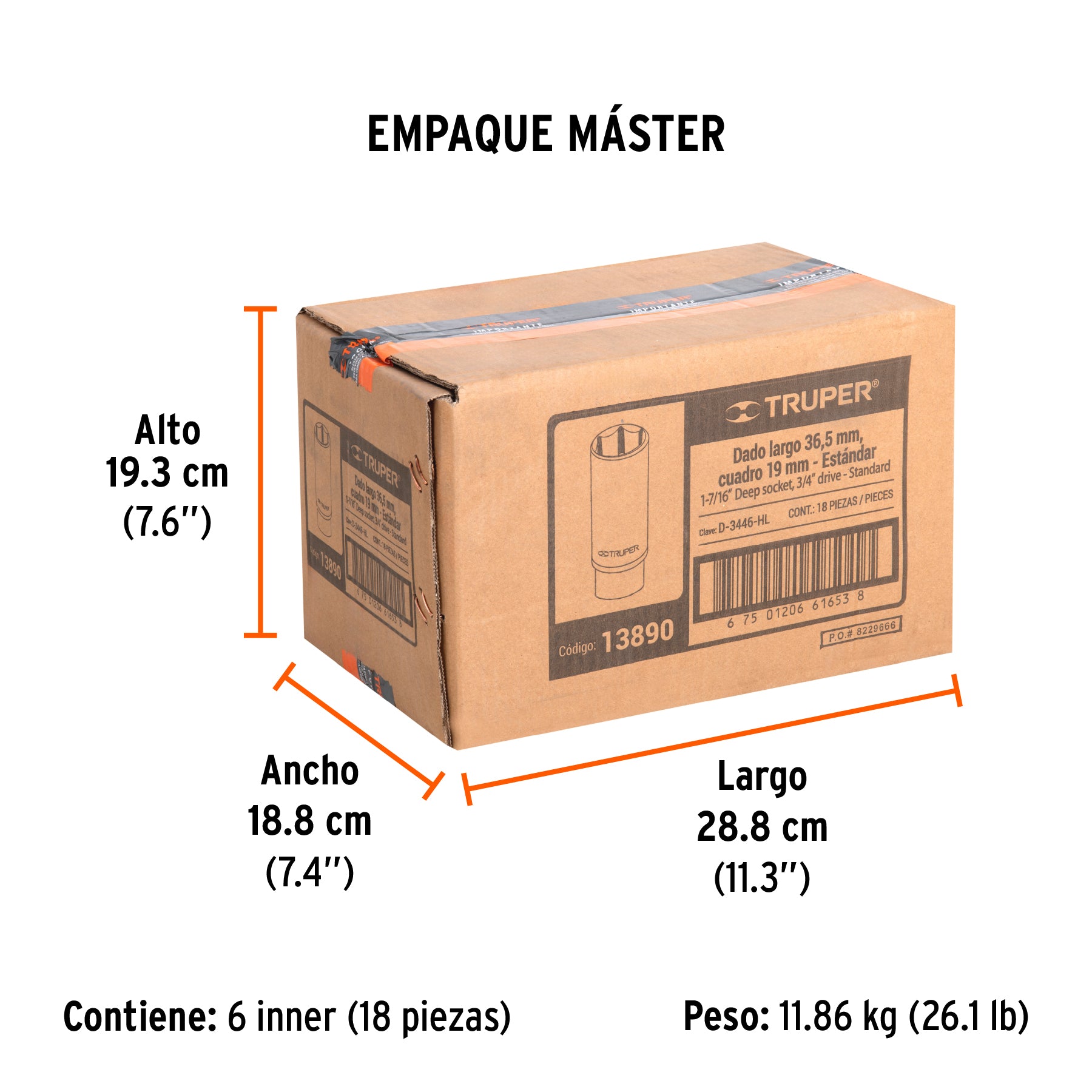 Dado de 6 puntas, largo, cuadro 3/4" de 1-7/16"