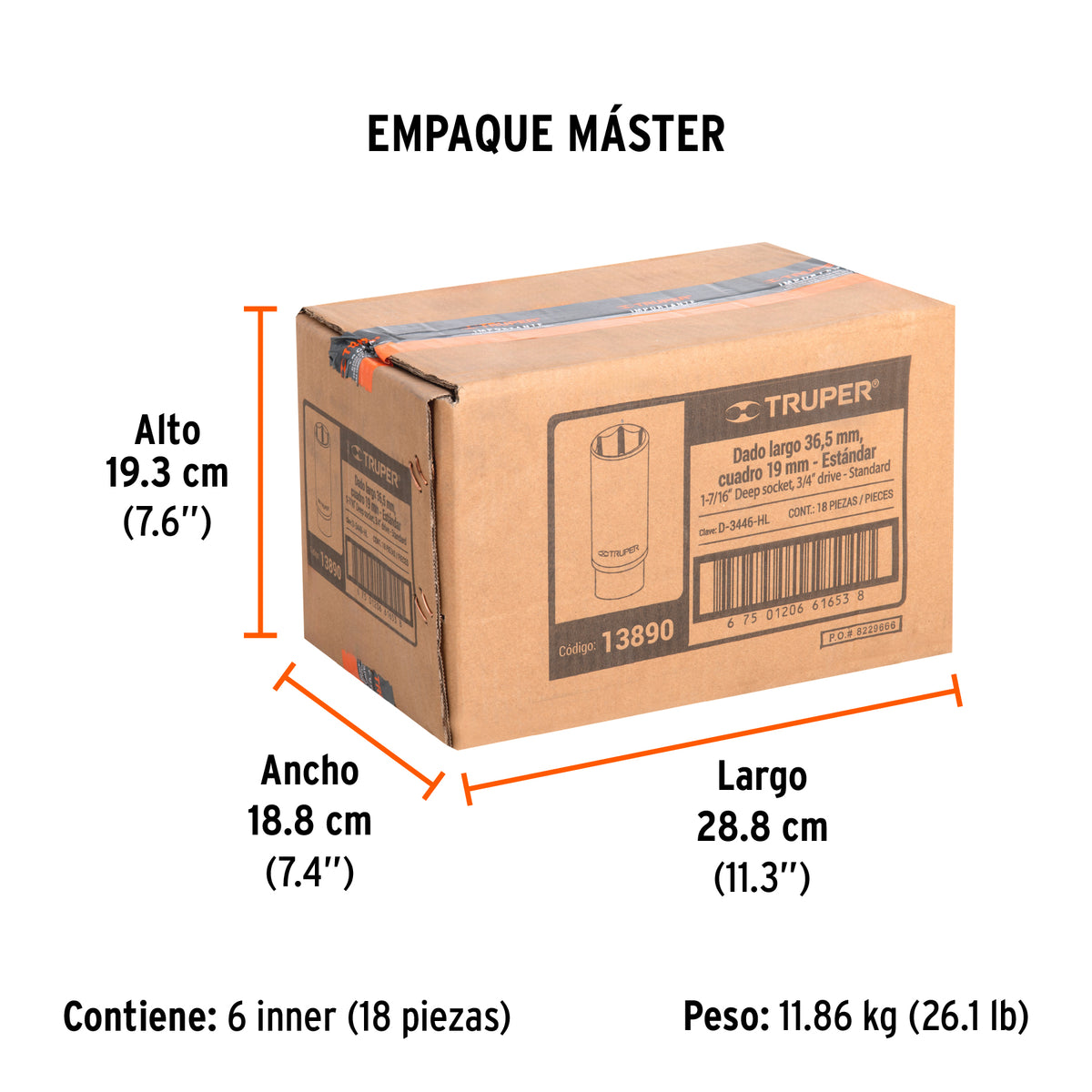 Dado de 6 puntas, largo, cuadro 3/4" de 1-7/16"