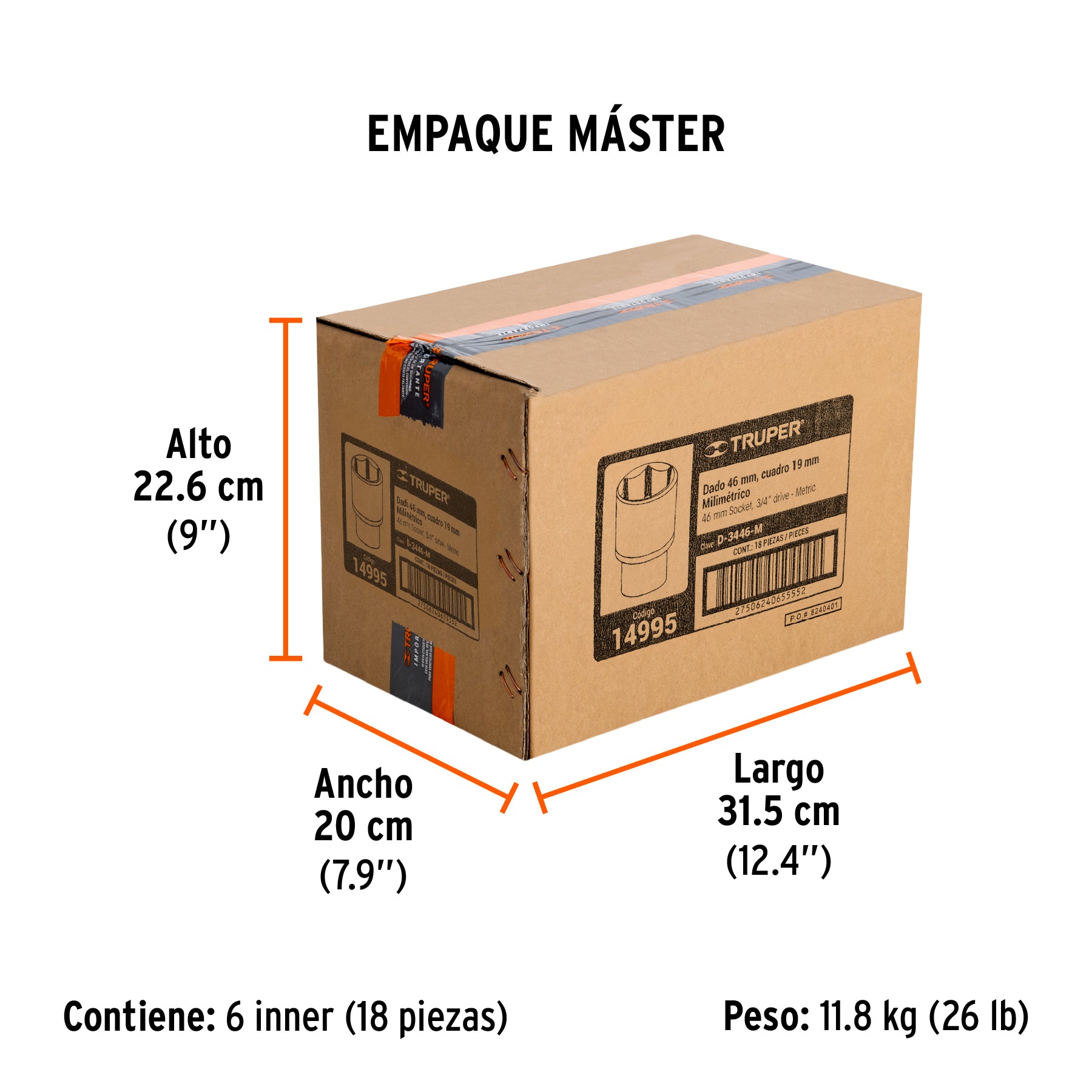 Dado de 6 puntas, cuadro 3/4" de 46mm