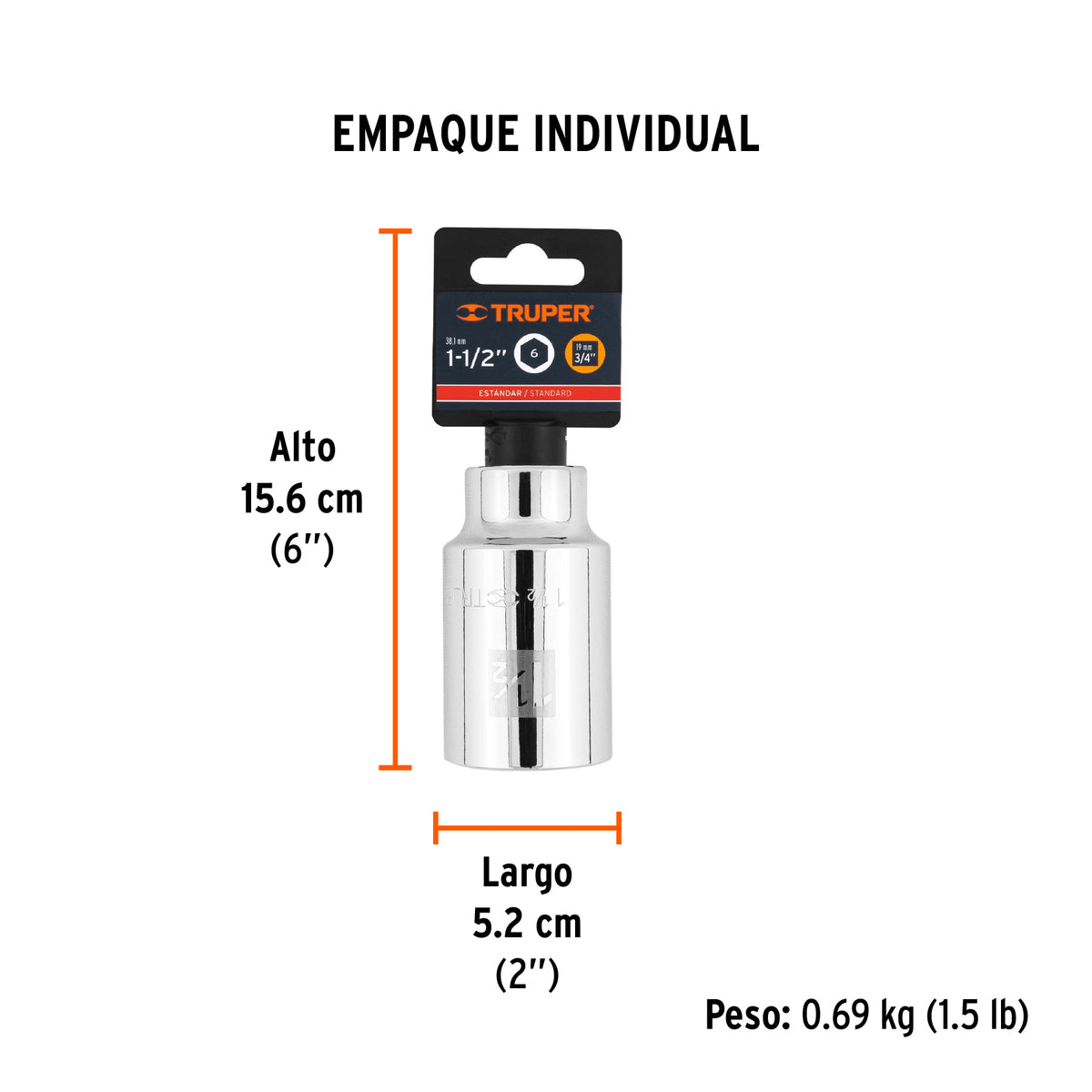 Dado de 6 puntas, largo, cuadro 3/4" de 1-1/2"