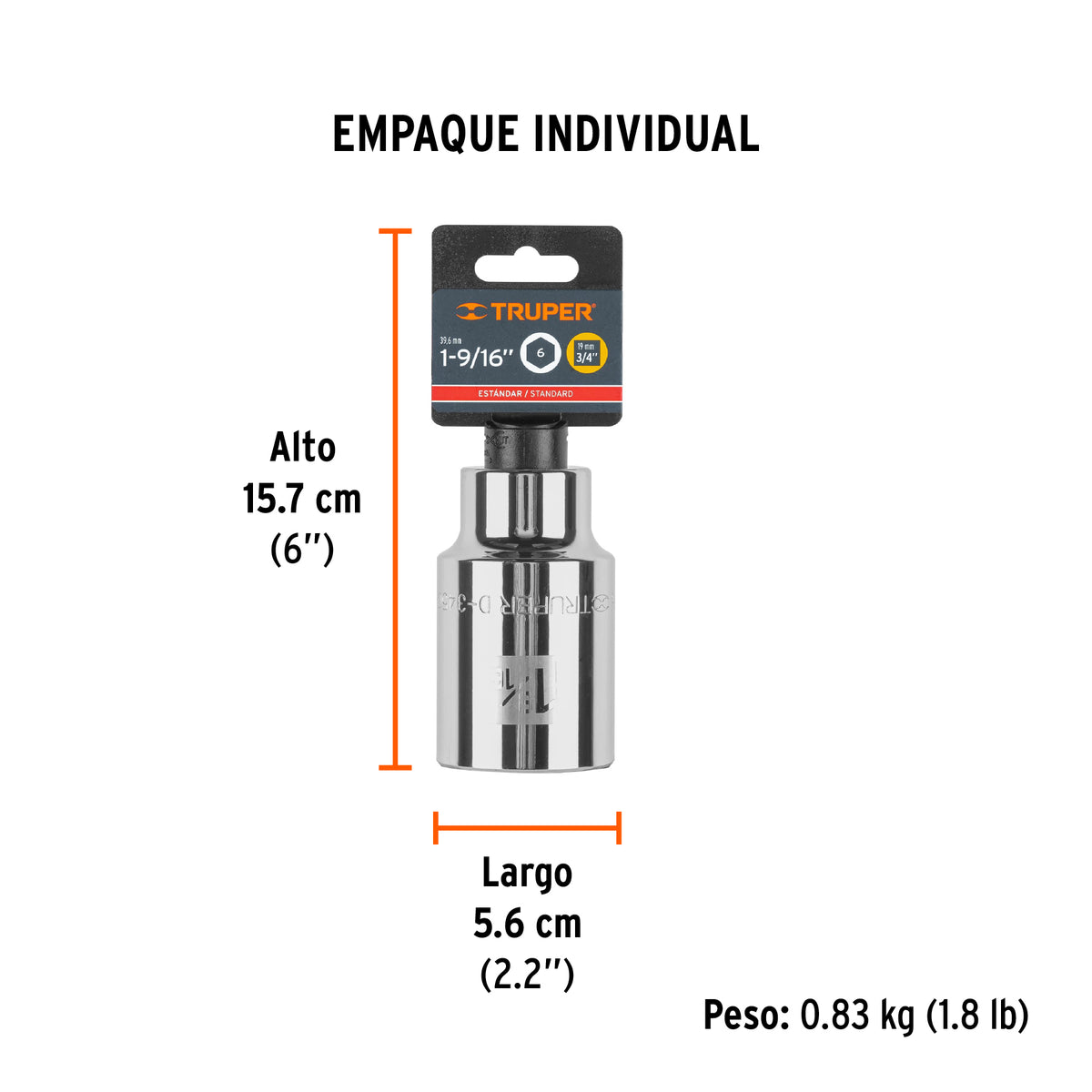 Dado de 6 puntas, largo, cuadro 3/4" de 1-9/16"