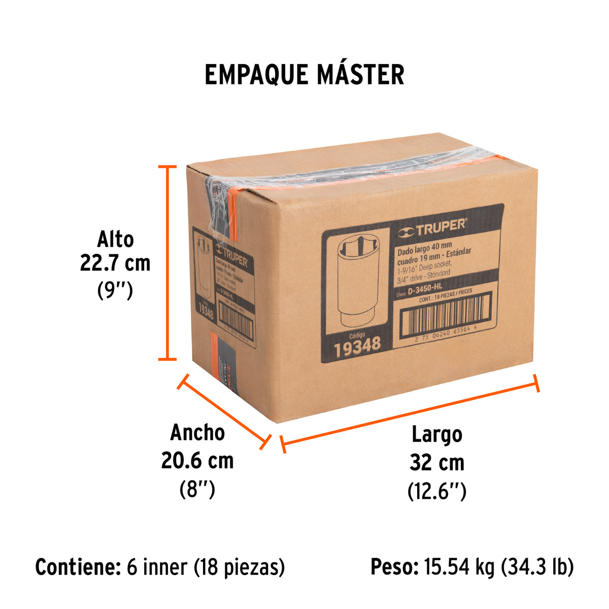 Dado de 6 puntas, largo, cuadro 3/4" de 1-9/16"