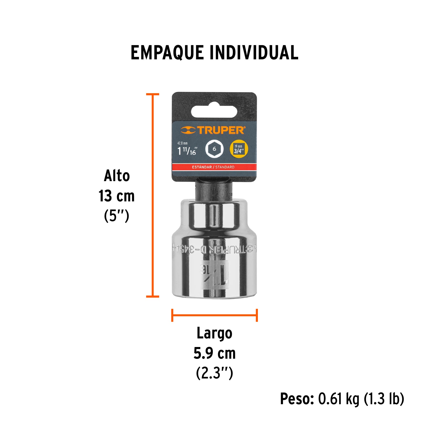 Dado de 6 puntas, cuadro 3/4" de 1-11/16"