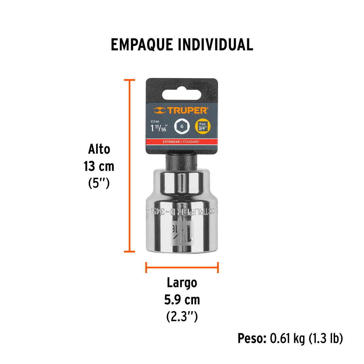 Dado de 6 puntas, cuadro 3/4" de 1-11/16"