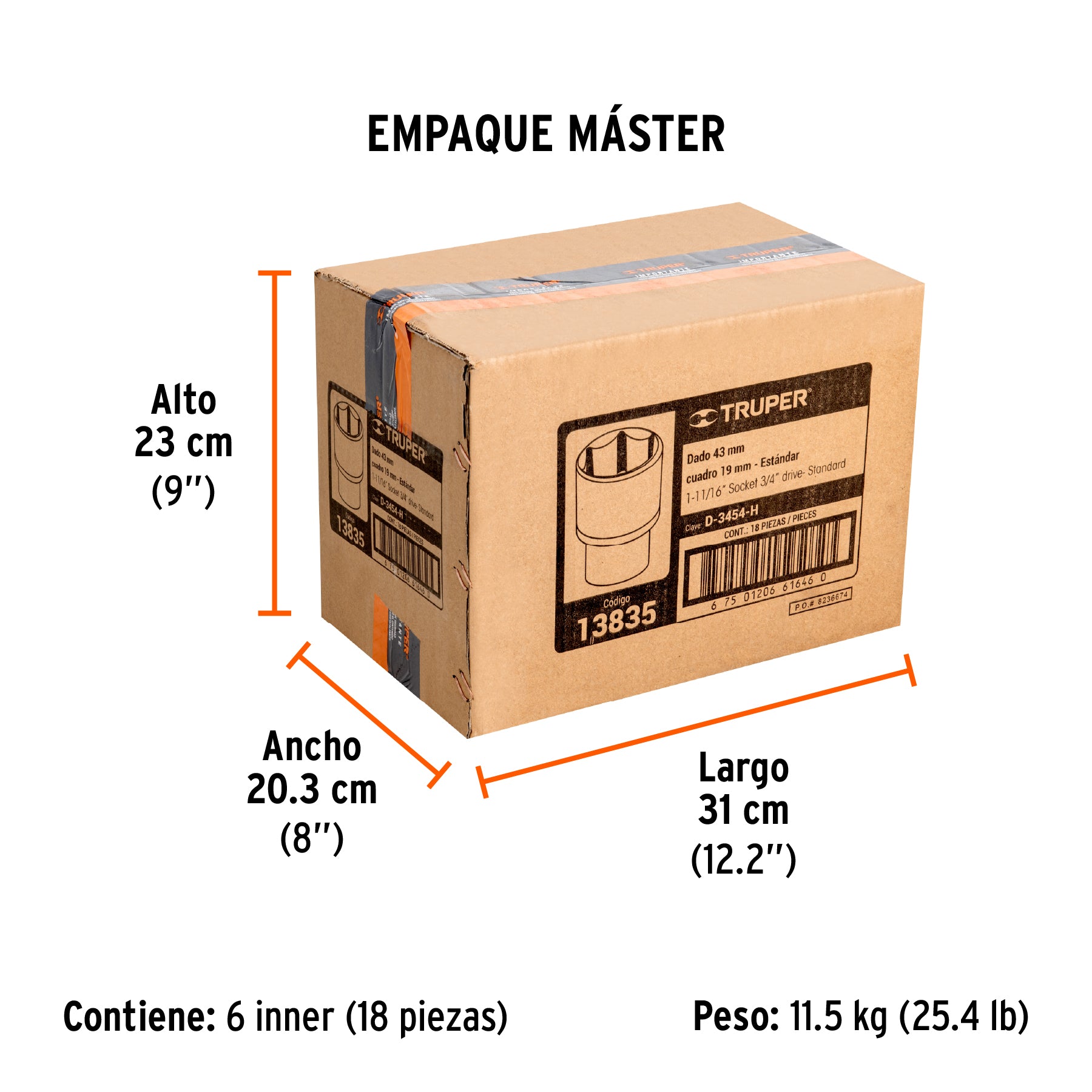Dado de 6 puntas, cuadro 3/4" de 1-11/16"
