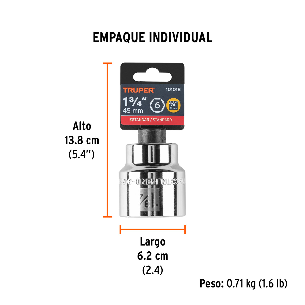 Dado de 1-3/4', 6 puntas, cuadro 3/4', Truper