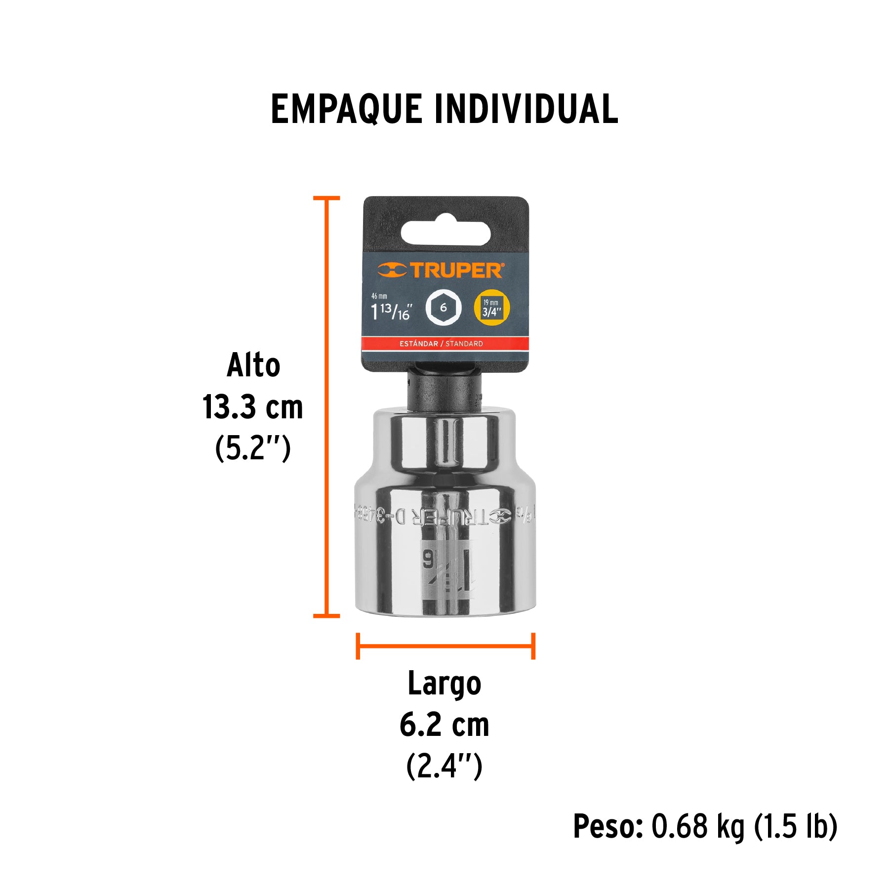Dado de 6 puntas, cuadro 3/4" de 1-13/16"