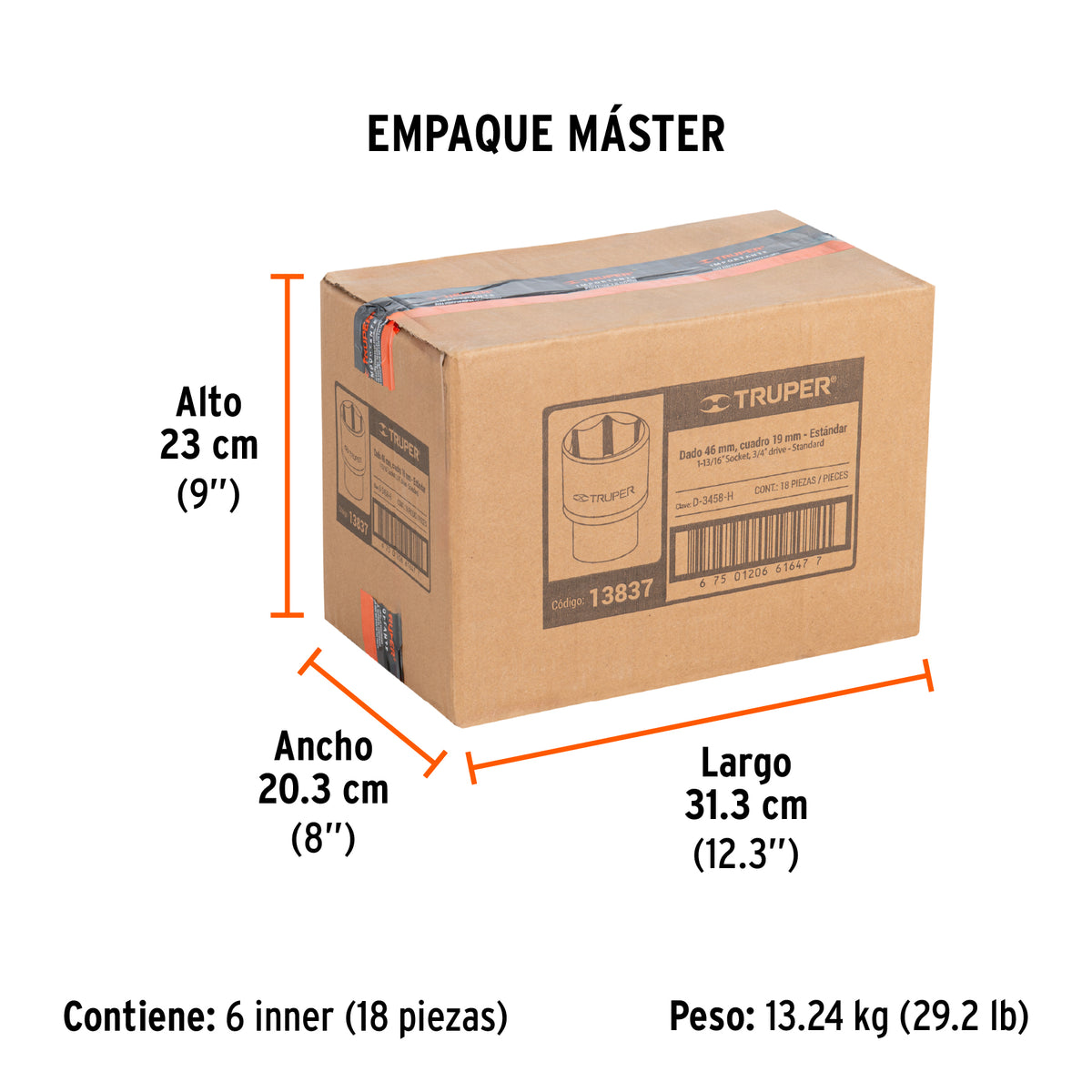 Dado de 6 puntas, cuadro 3/4" de 1-13/16"