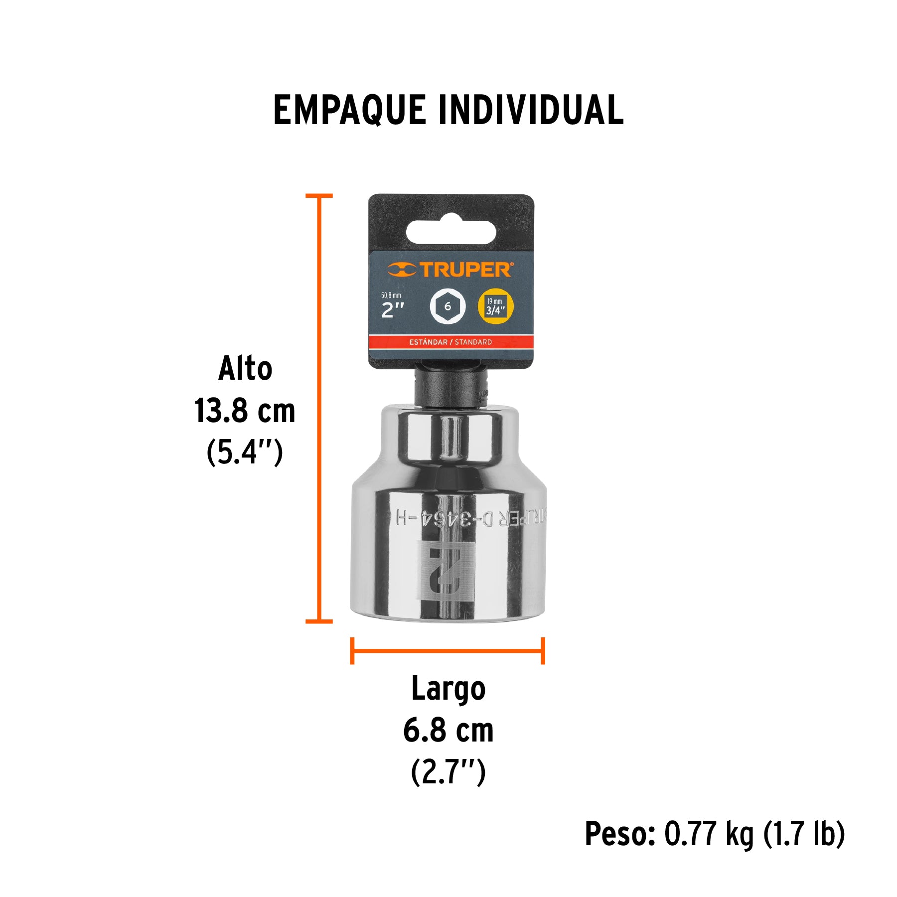 Dado de 6 puntas, cuadro 3/4" de 2"