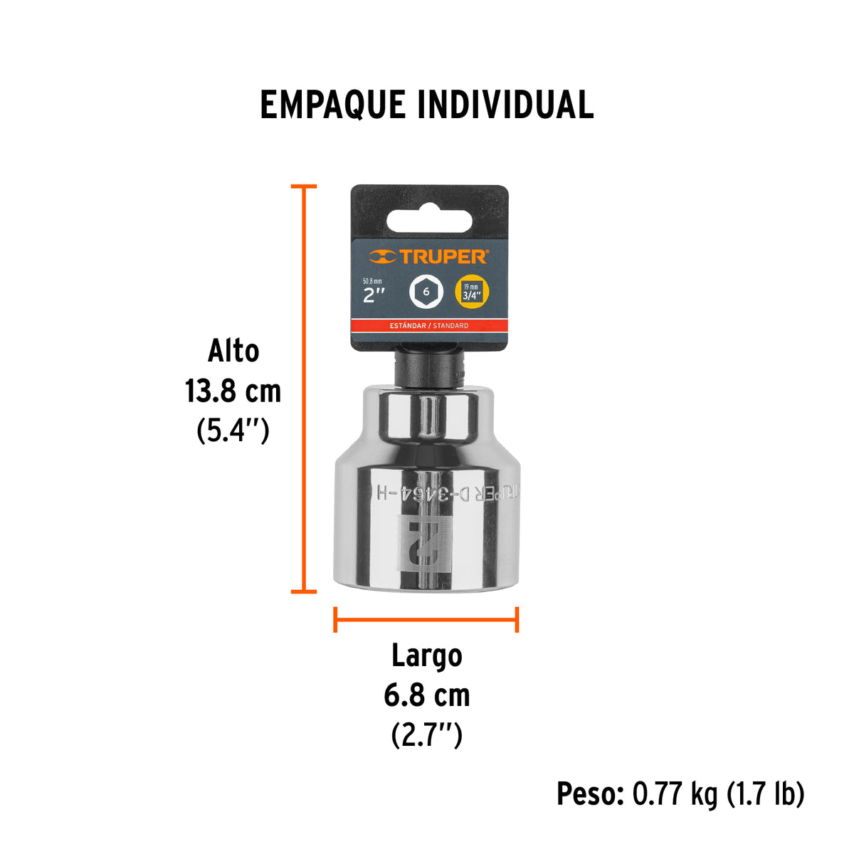 Dado de 6 puntas, cuadro 3/4" de 2"