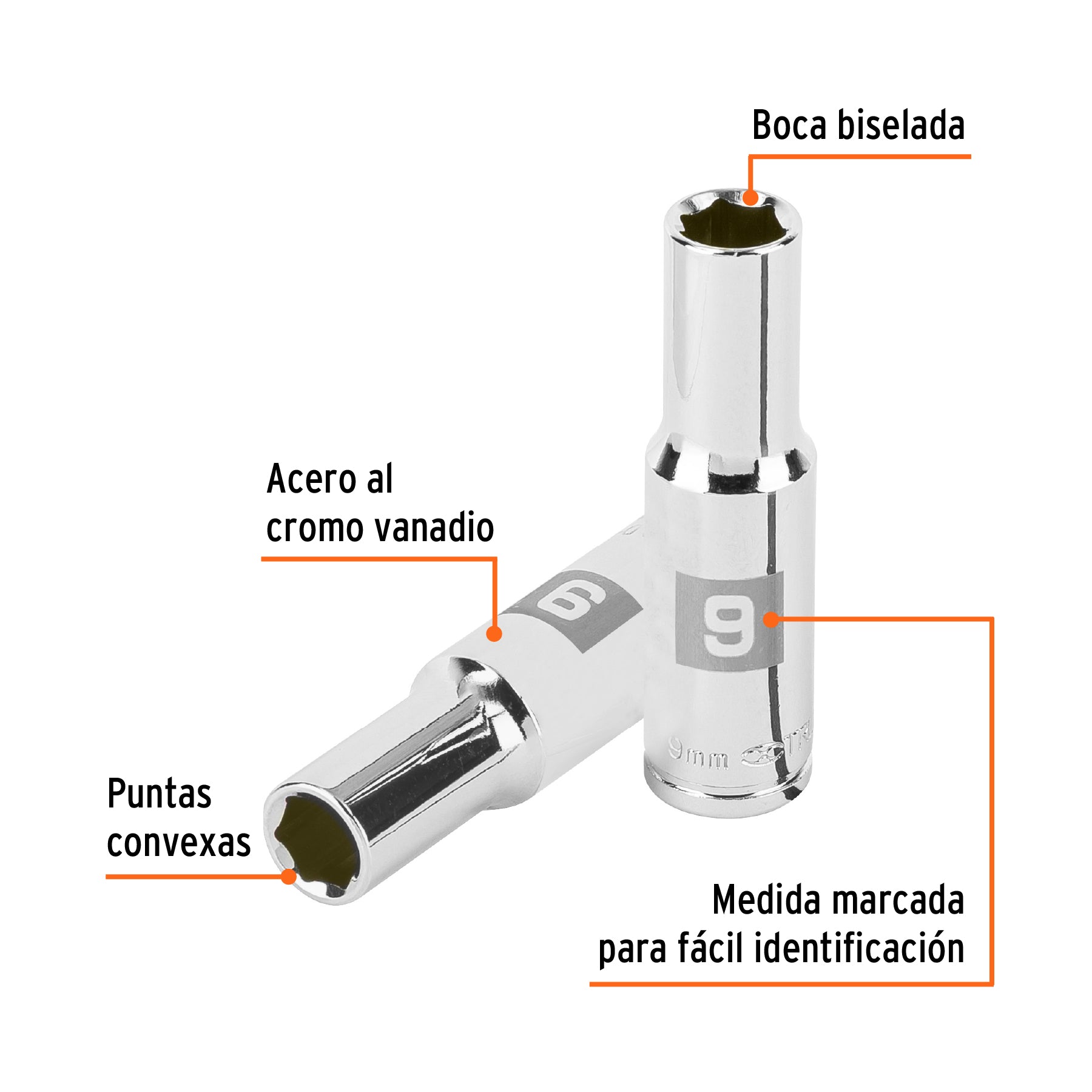 Dado largo de 9 mm, 6 puntas, cuadro 3/8', Truper