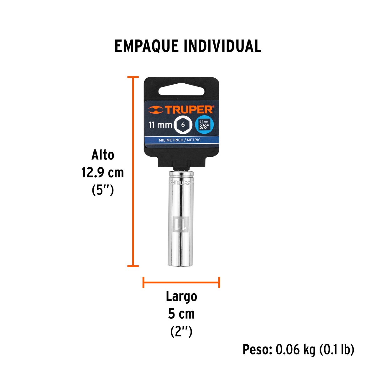 Dado de 6 puntas, largo, cuadro 3/8" de 11mm