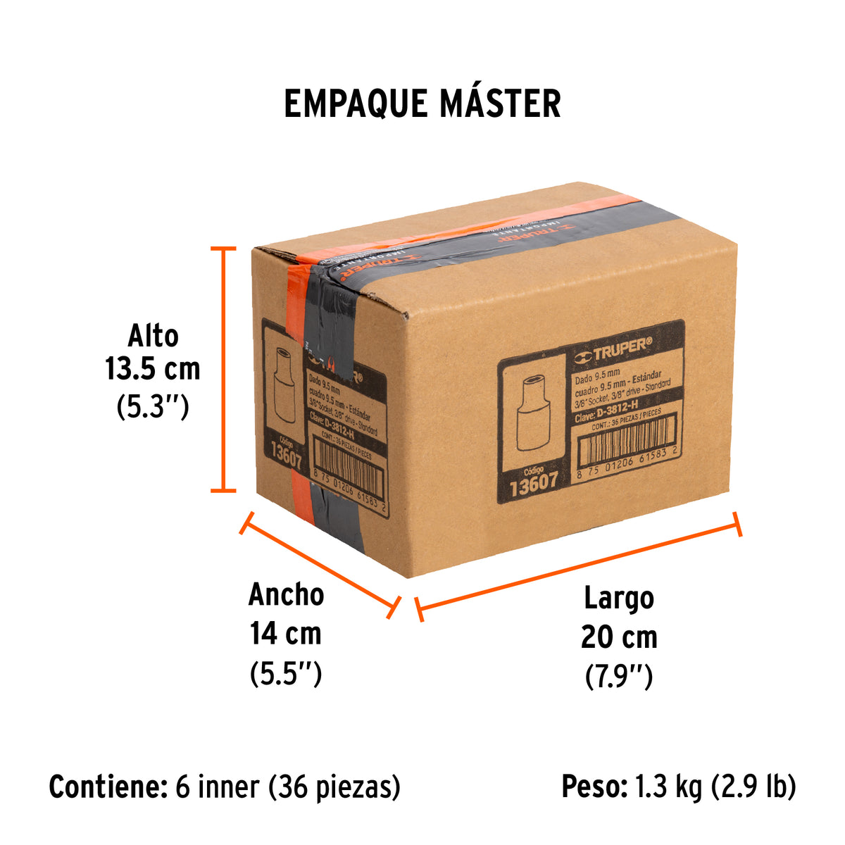 Dado de 6 puntas, cuadro 3/8" de 3/8"