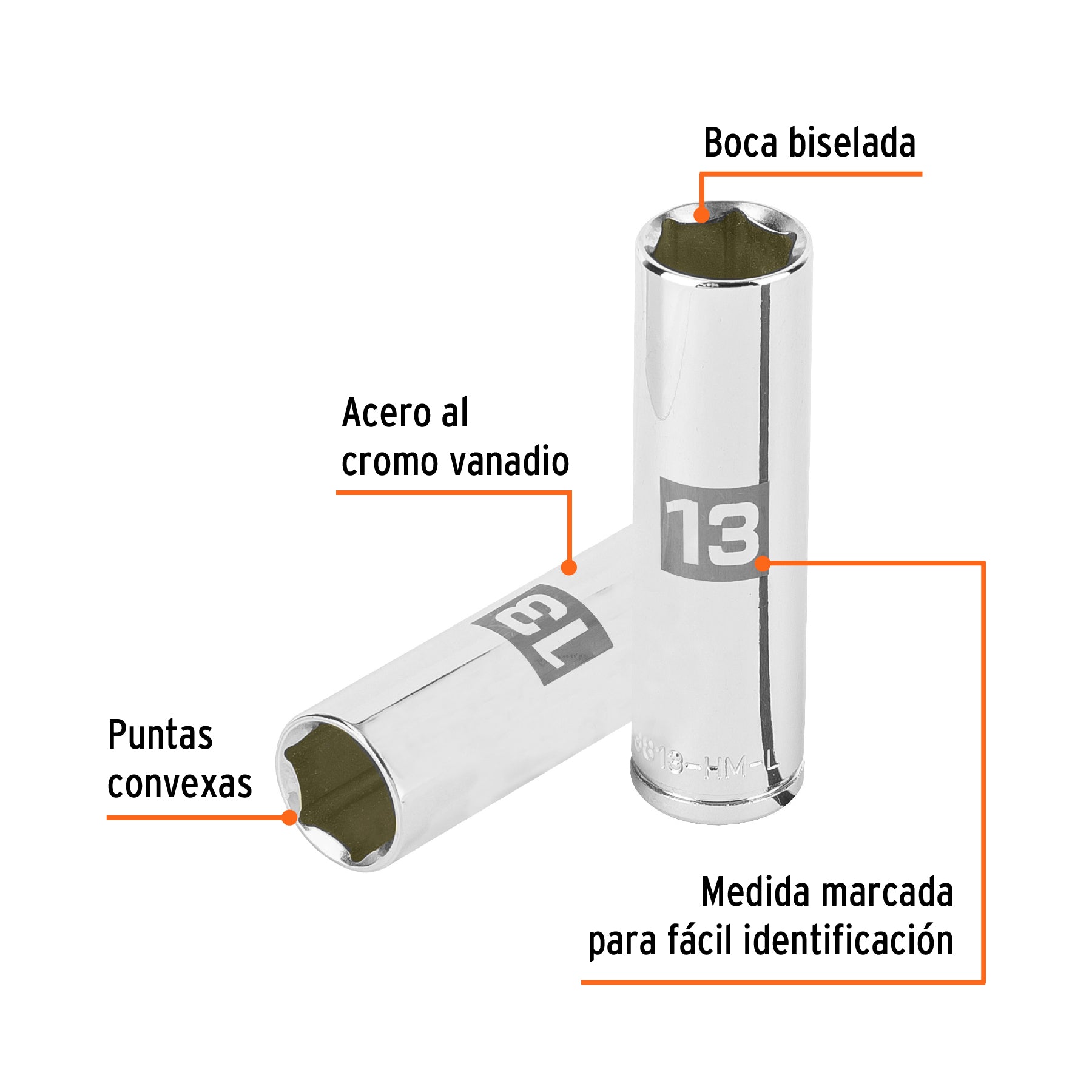 Dado de 6 puntas, largo, cuadro 3/8" de 13mm