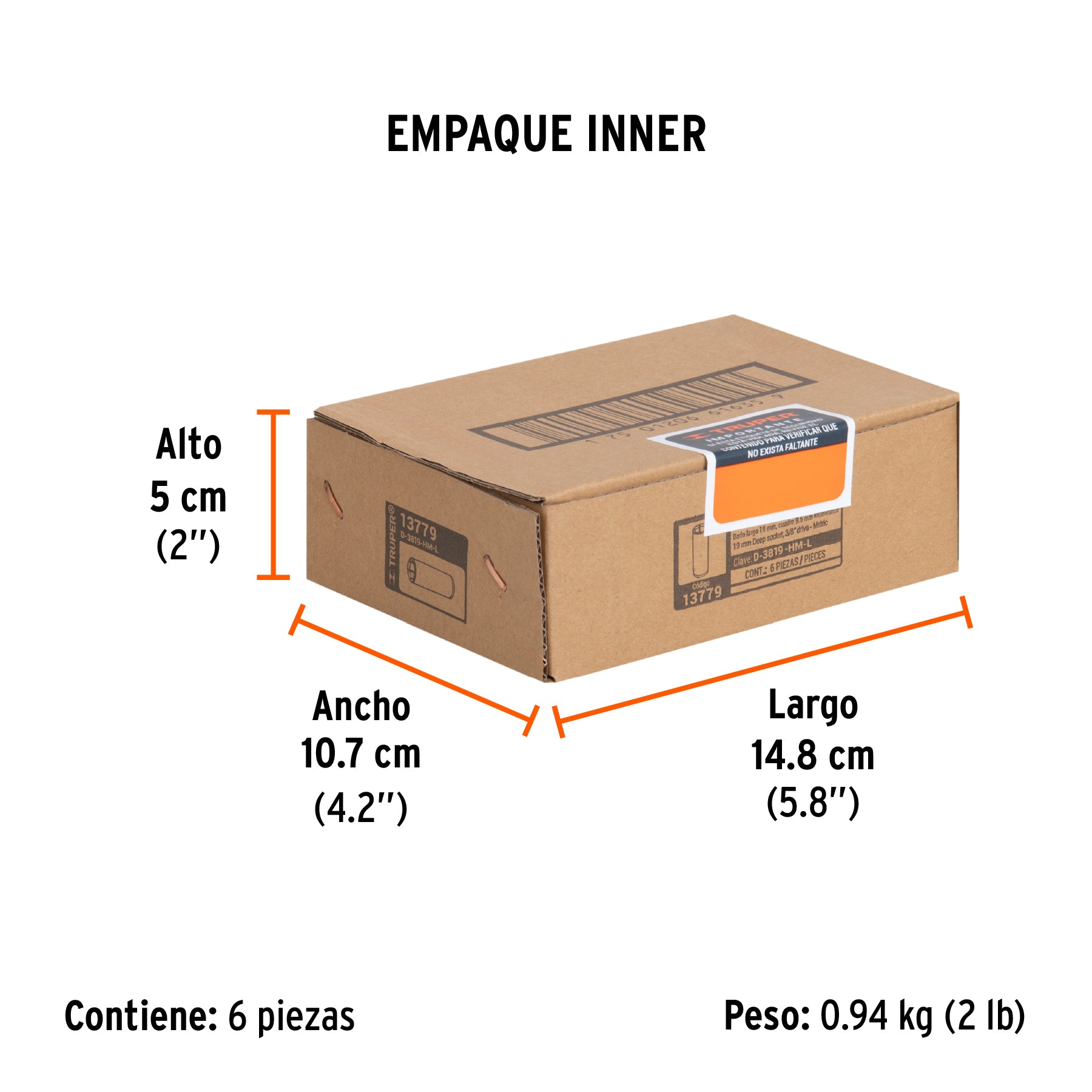 Dado de 6 puntas, largo, cuadro 3/8" de 19mm