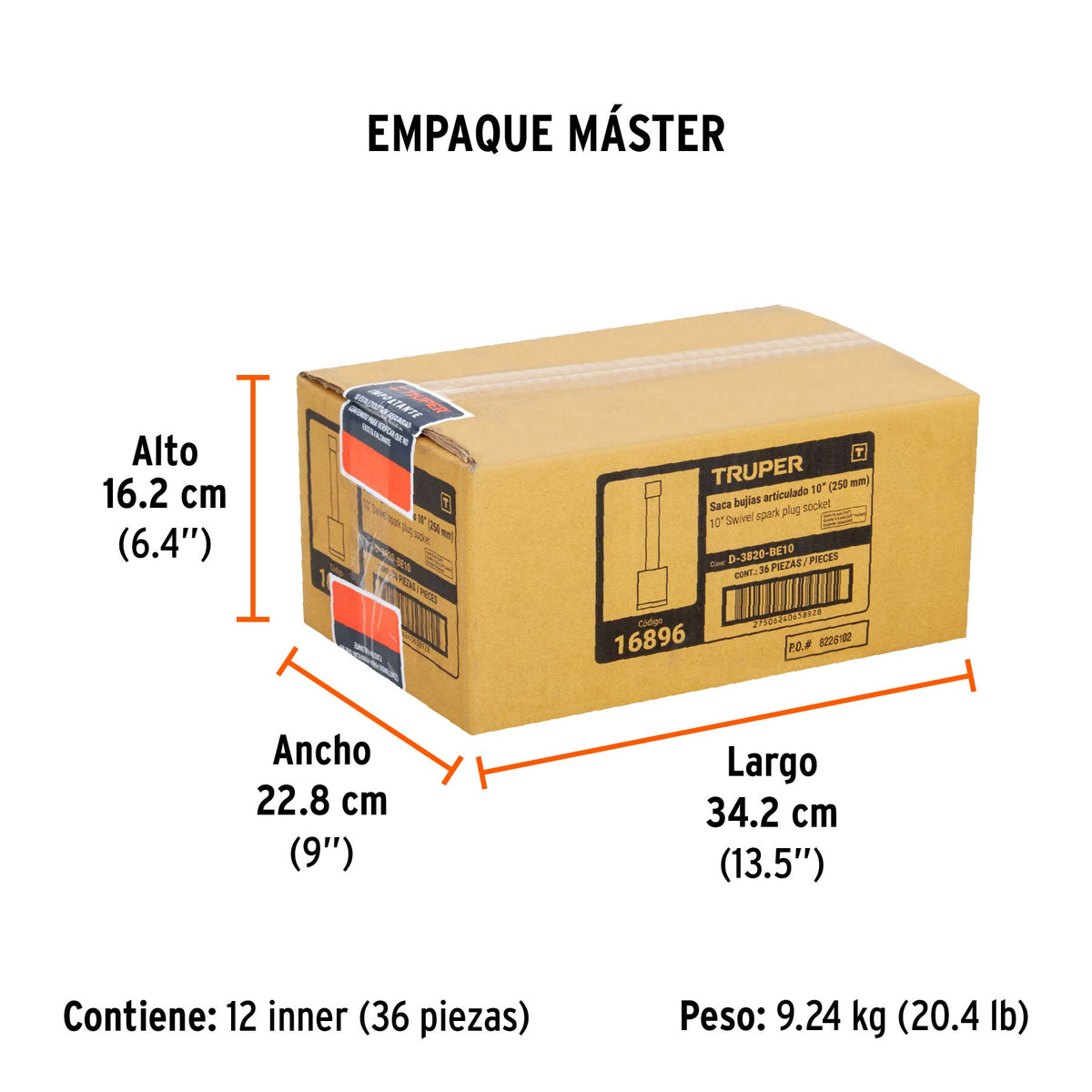 Dado p/bujías 5/8" articulado con extensión 10", cuadro 3/8"