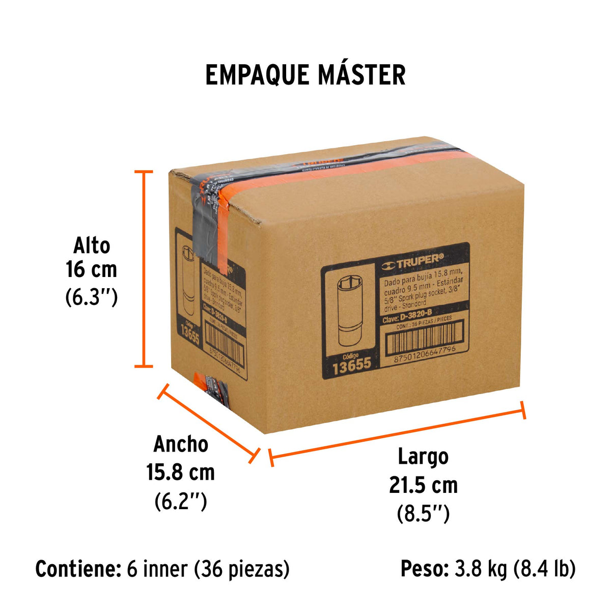 Dado de 6 puntas de 5/8" para bujías, cuadro 3/8"
