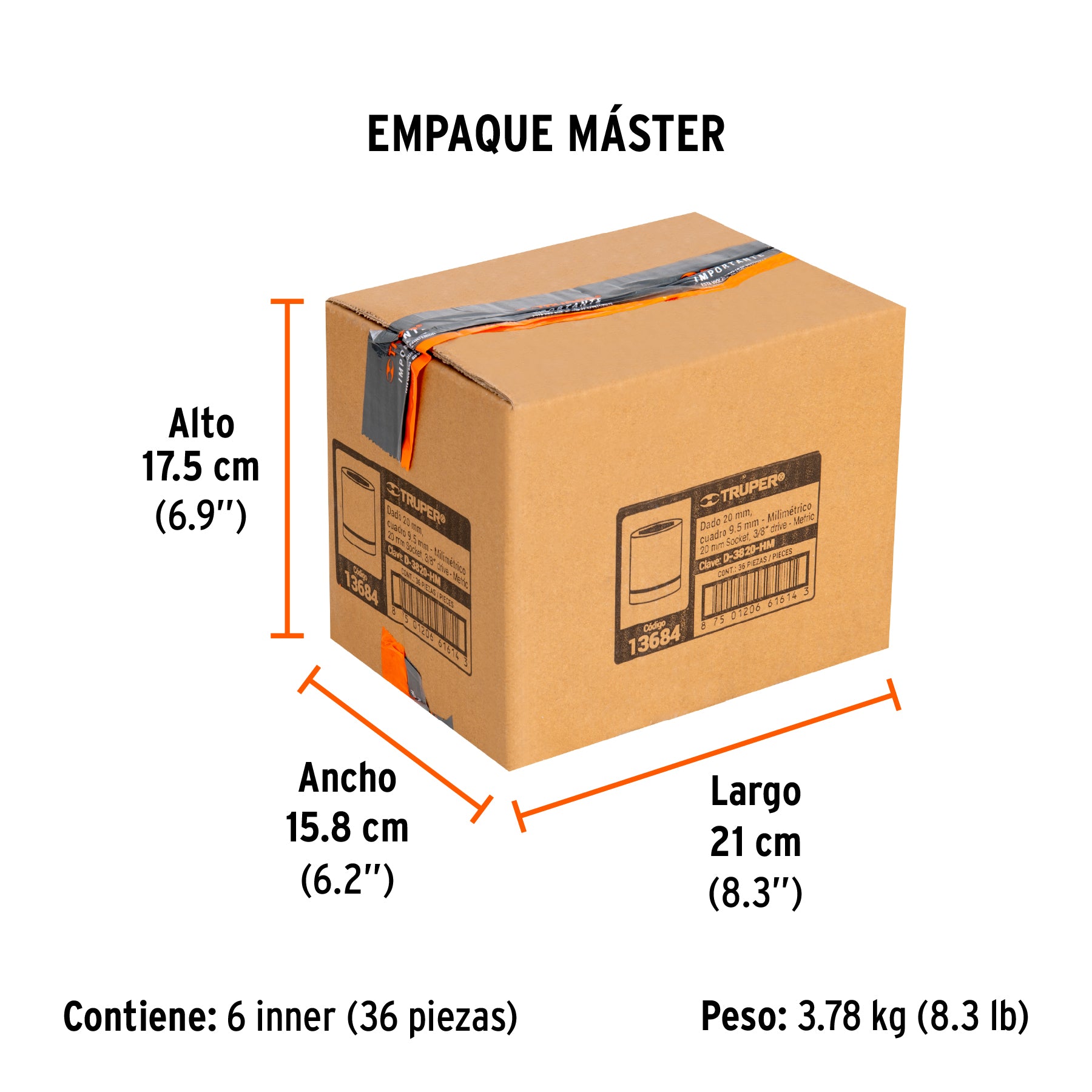Dado de 6 puntas, cuadro 3/8", de 20mm