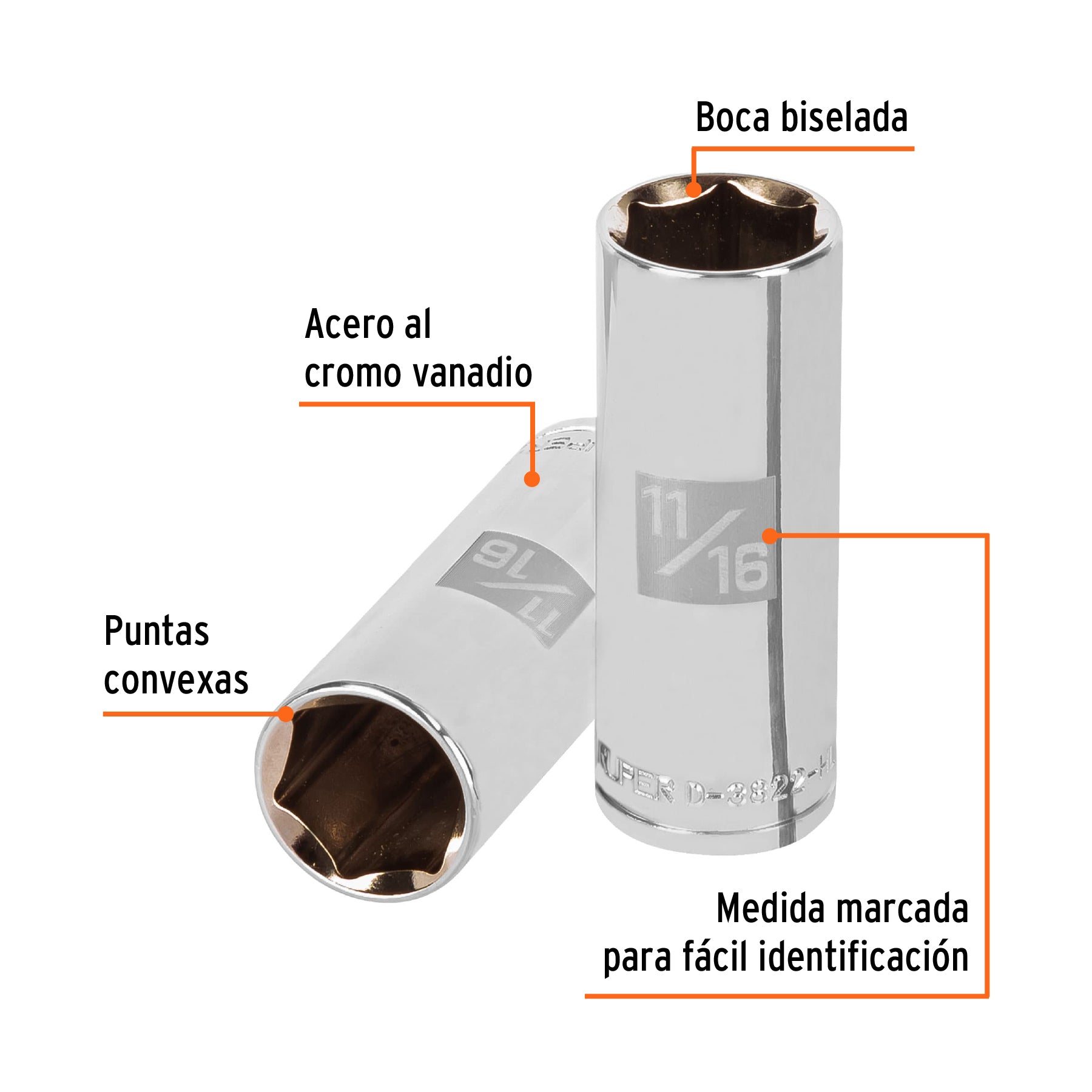 Dado de 6 puntas, largo, cuadro 3/8" de 11/16"