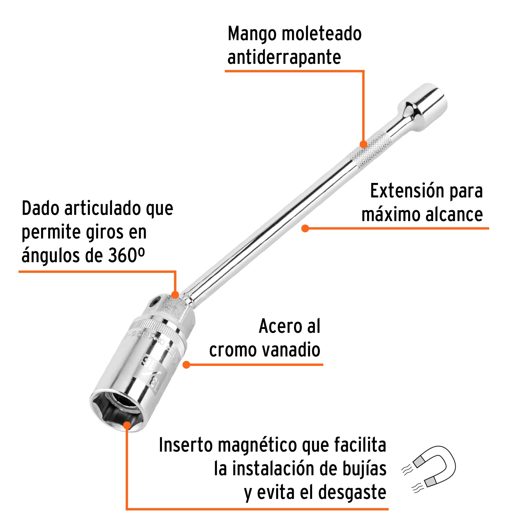 Dado bujías 13/16" articulado con extensión 10", cuadro 3/8"