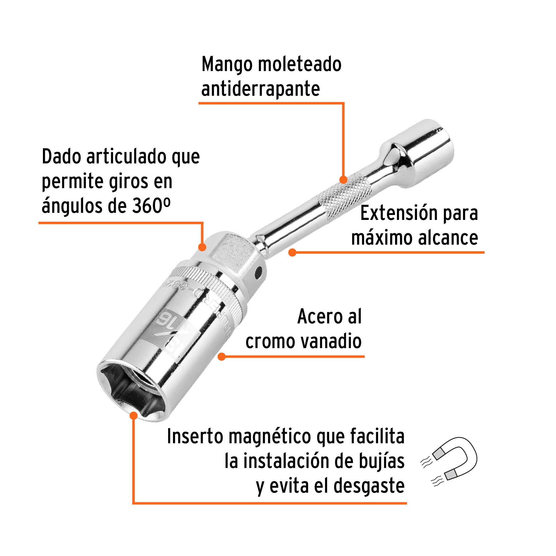 Dado bujías 13/16" articulado con extensión 6", cuadro 3/8"