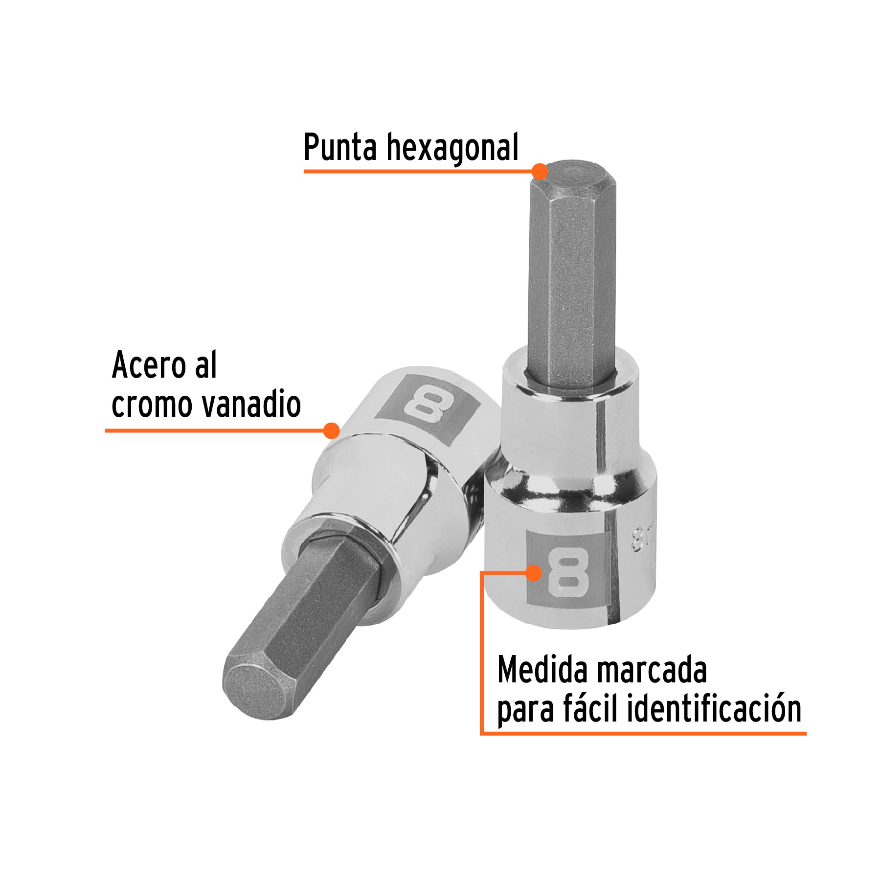 Dados de punta hexagonal, cuadro 3/8" de 8mm.