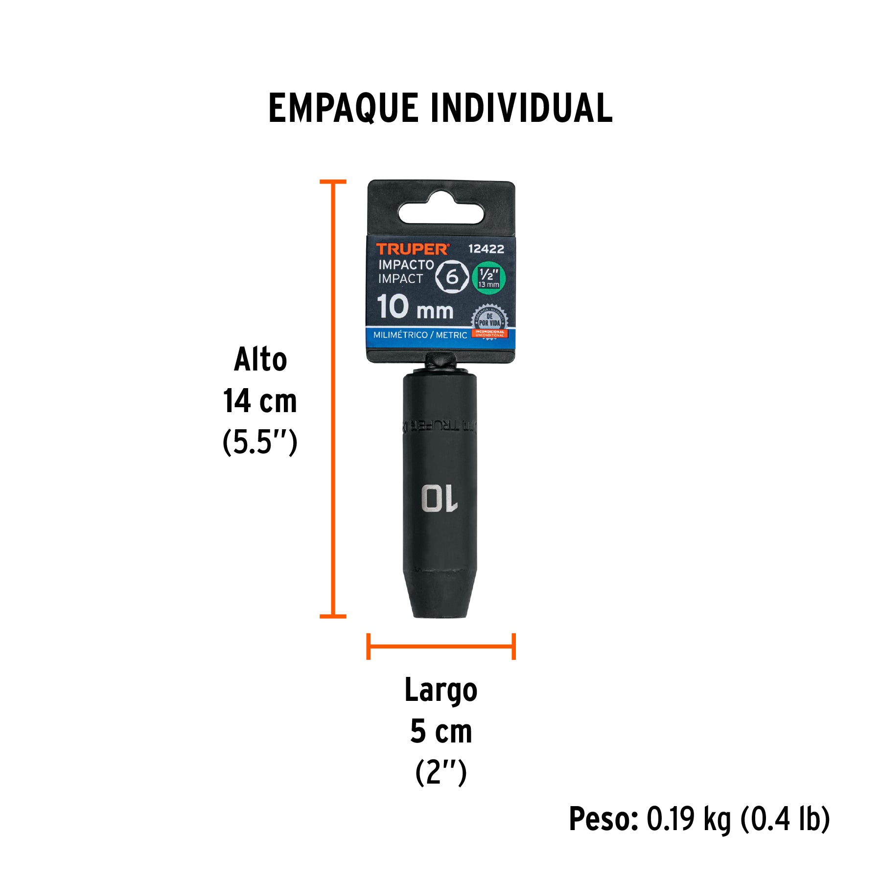 Dado de de impacto, largo, 6 puntas, cuadro 1/2" de 10mm