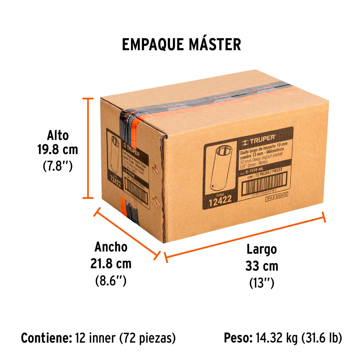 Dado de de impacto, largo, 6 puntas, cuadro 1/2" de 10mm
