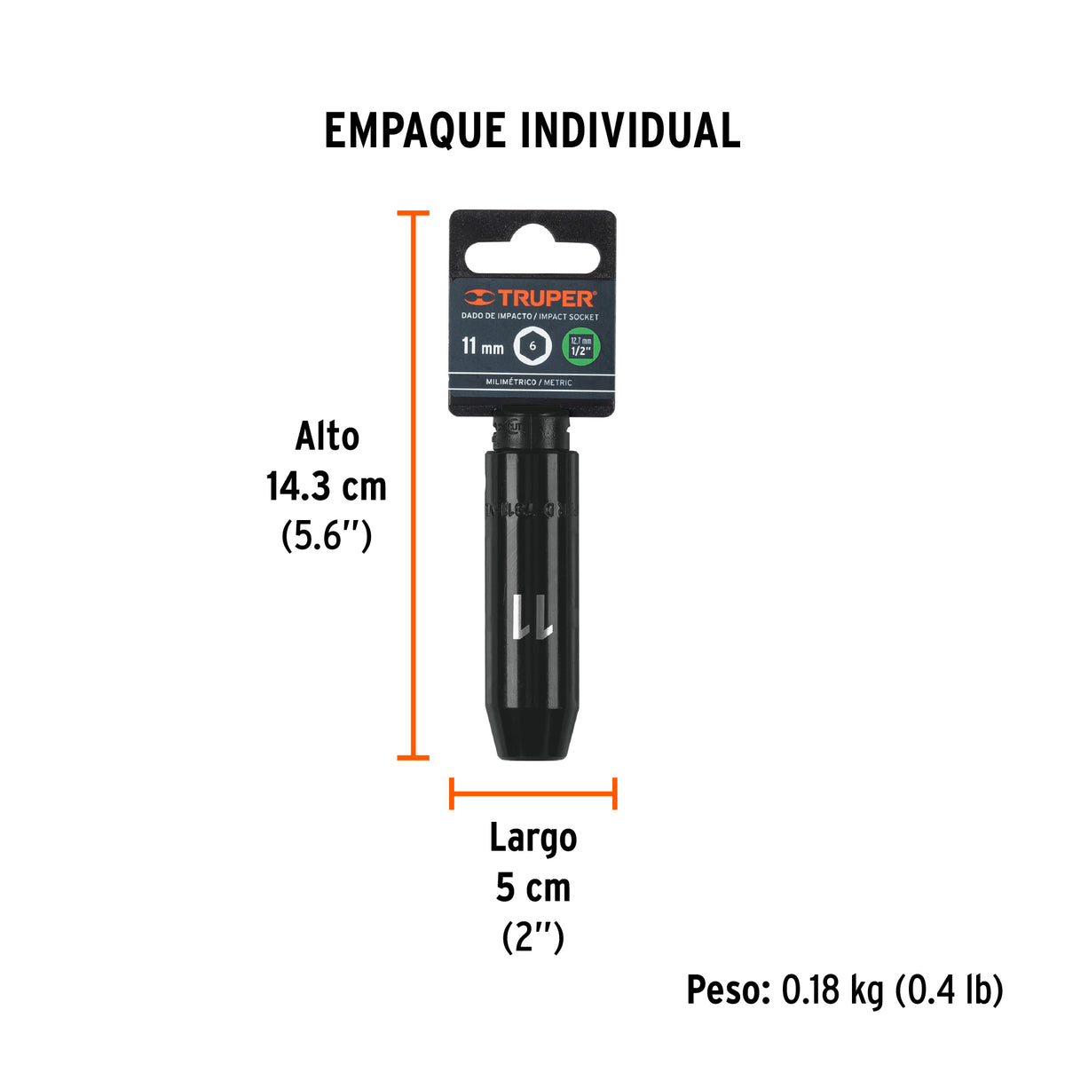 Dado de de impacto, largo, 6 puntas, cuadro 1/2" de 11mm