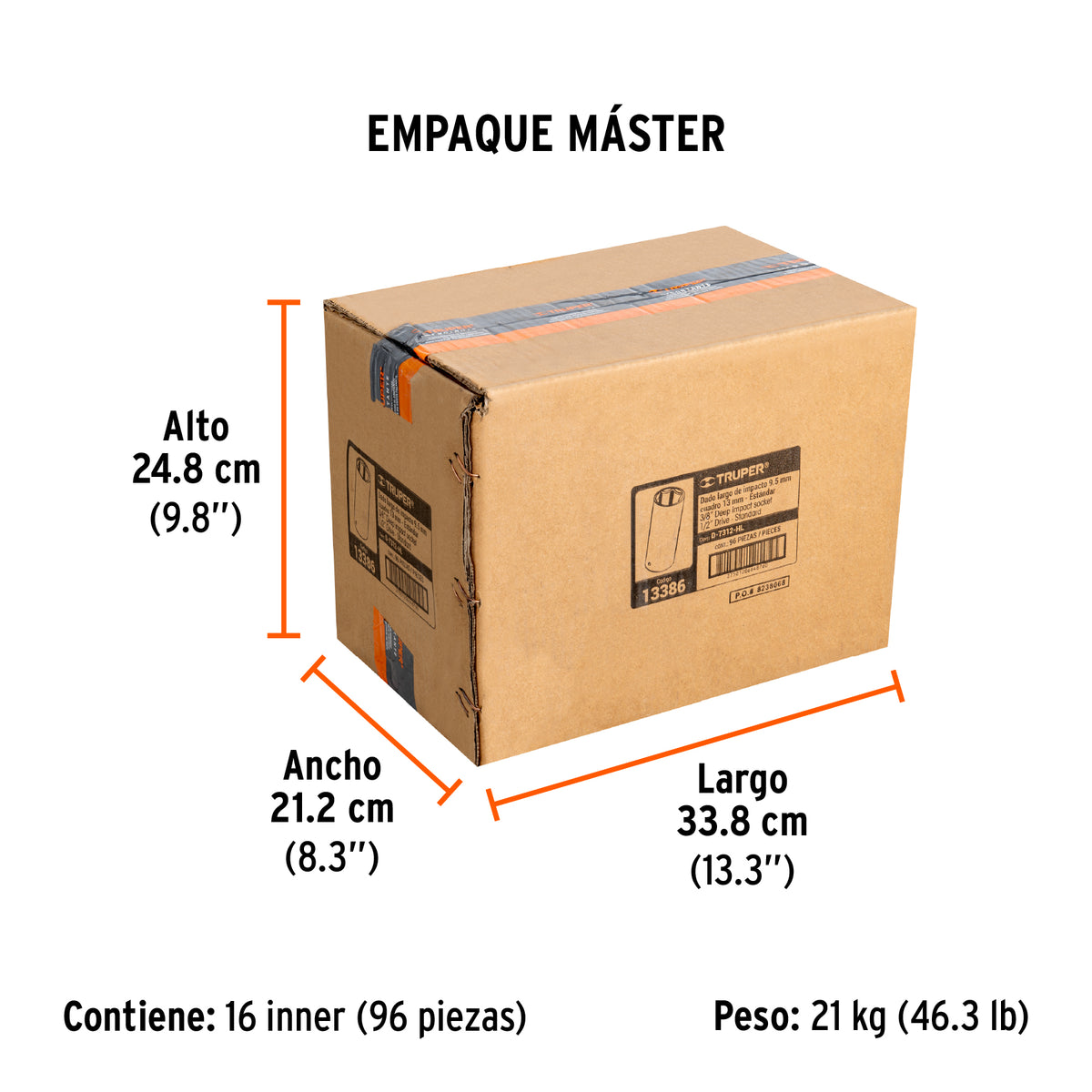 Dado de de impacto, largo, 6 puntas, cuadro 1/2" de 3/8"