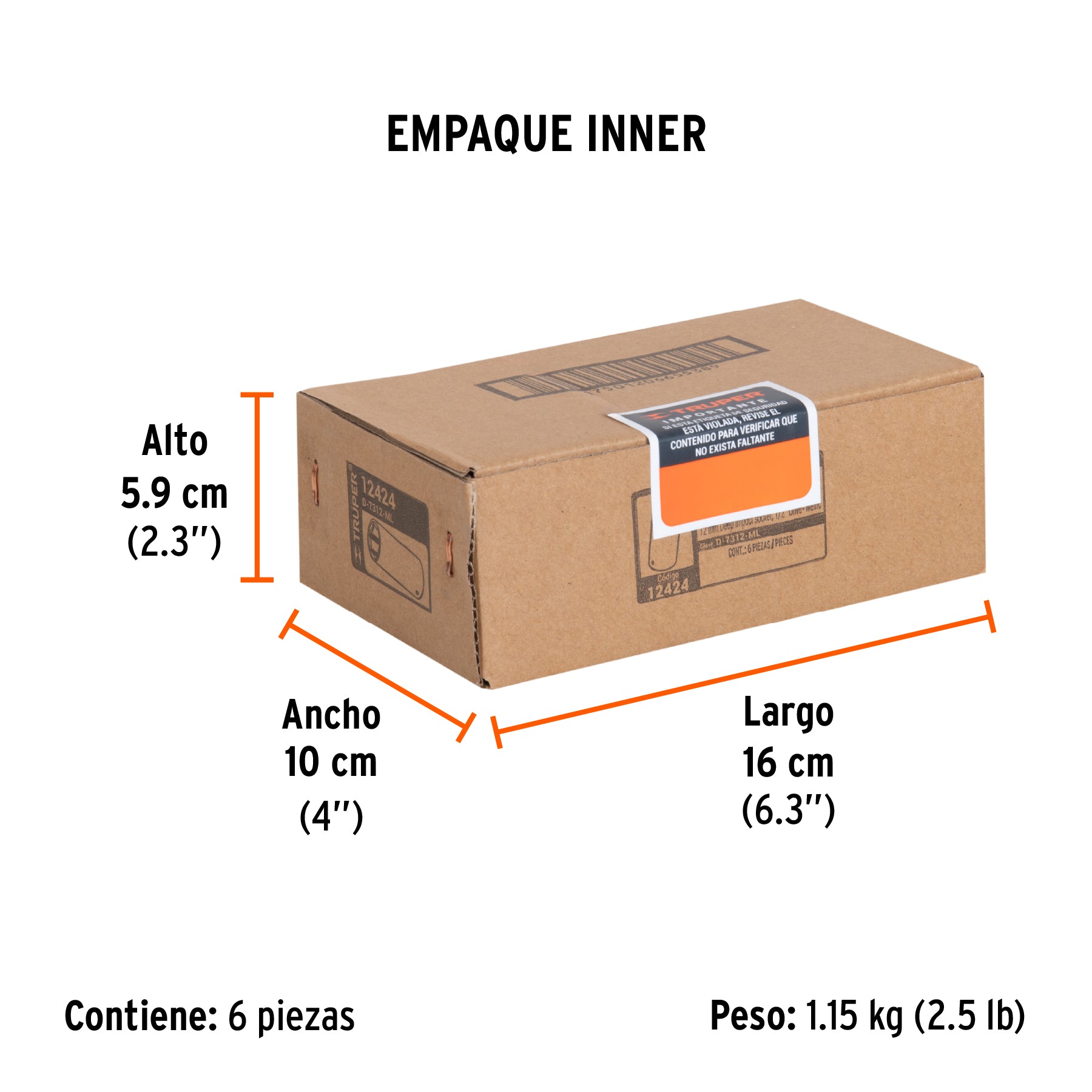 Dado de impacto, largo, 6 puntas, cuadro 1/2" de 12mm