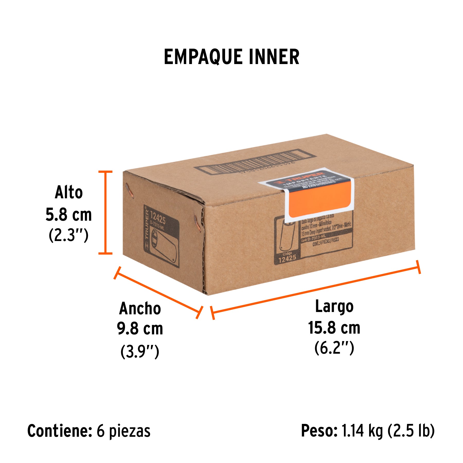Dado de impacto, largo, 6 puntas, cuadro 1/2" de 13mm