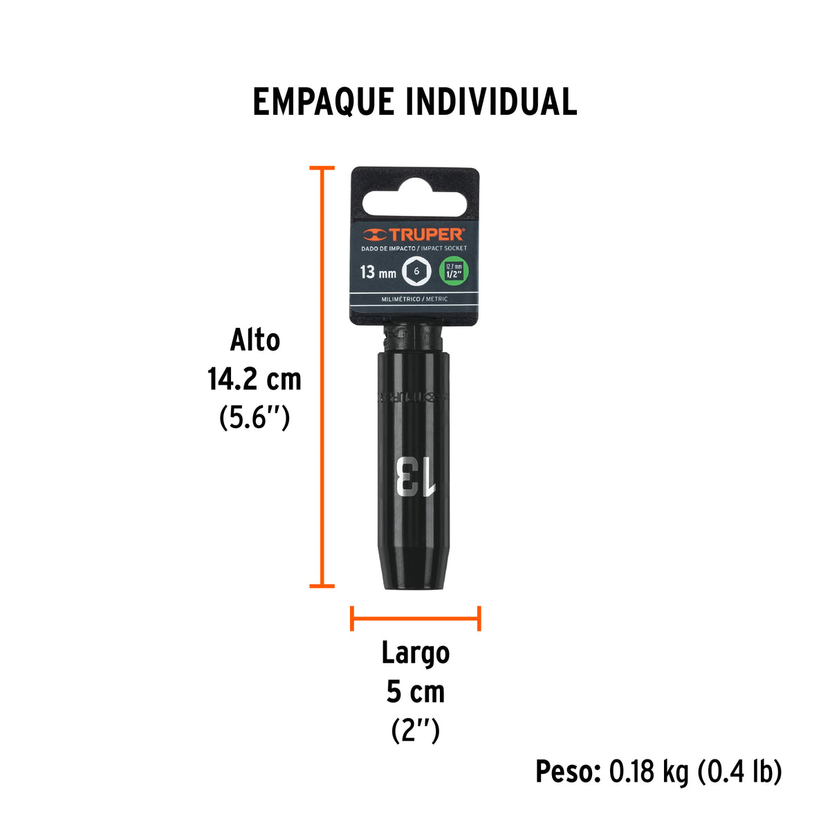 Dado de impacto, largo, 6 puntas, cuadro 1/2" de 13mm