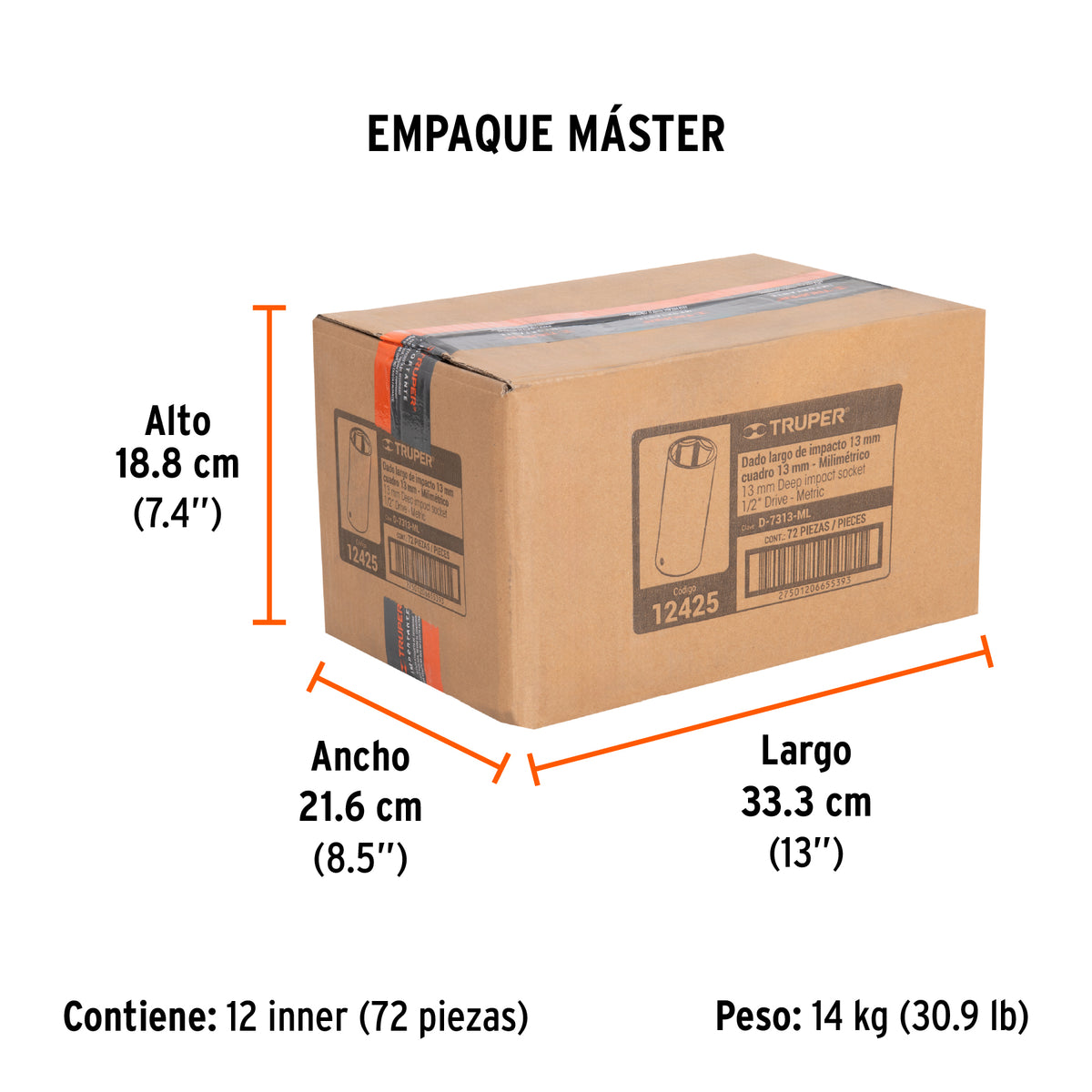Dado de impacto, largo, 6 puntas, cuadro 1/2" de 13mm