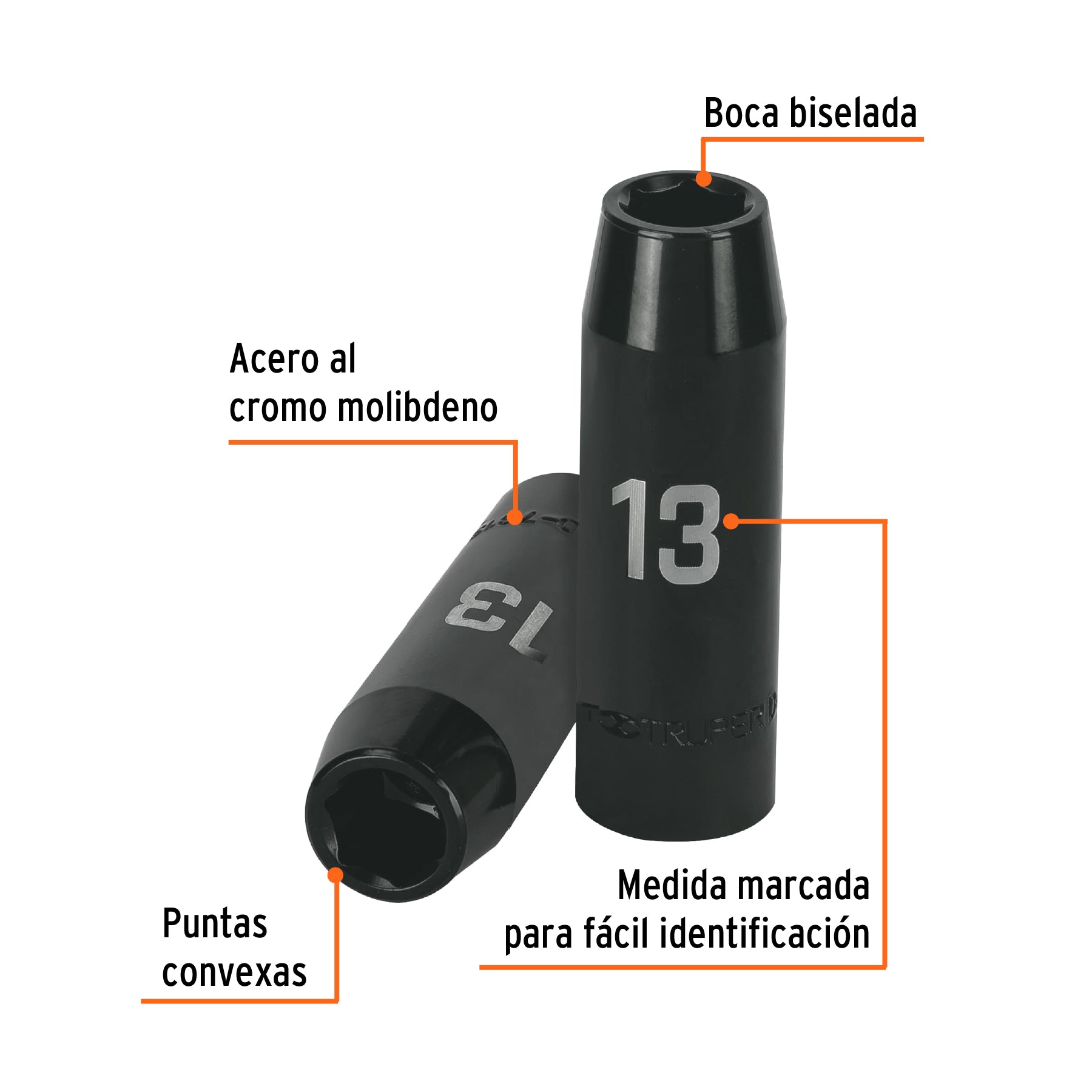 Dado de impacto, largo, 6 puntas, cuadro 1/2" de 13mm