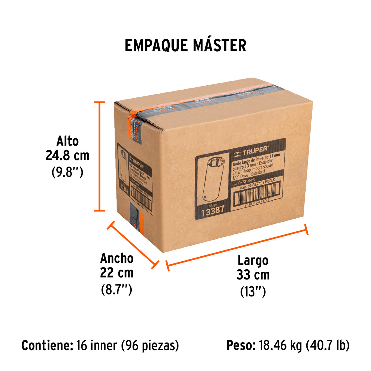 Dado de de impacto, largo, 6 puntas, cuadro 1/2" de 7/16"