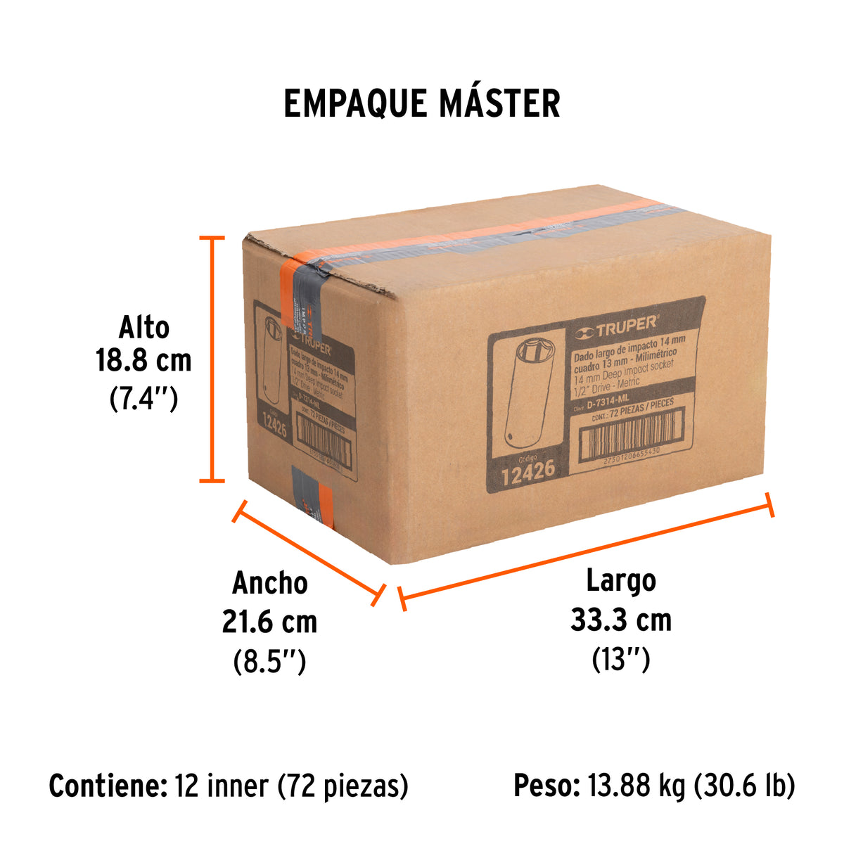 Dado de impacto, largo, 6 puntas, cuadro 1/2" de 14mm