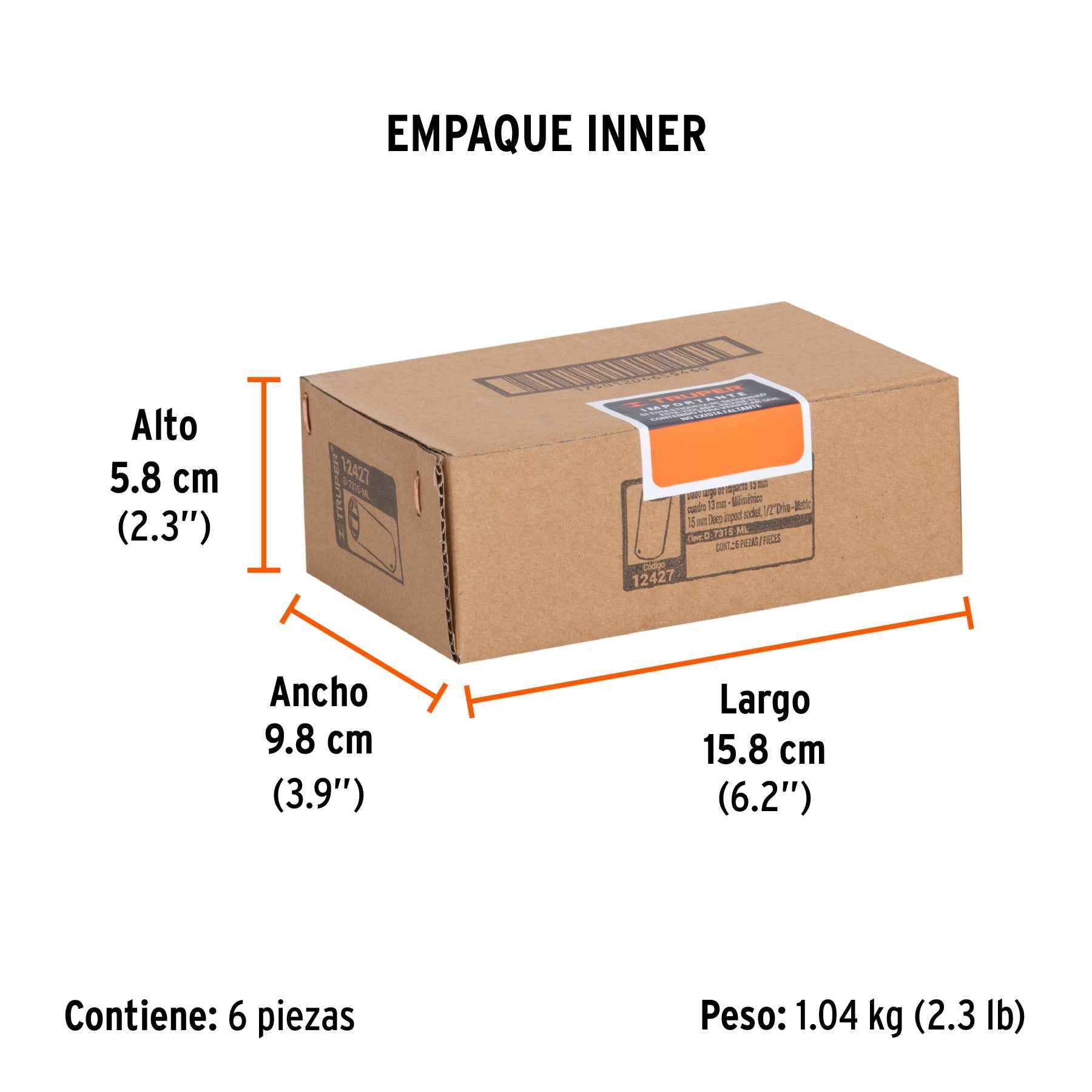 Dado de impacto, largo, 6 puntas, cuadro 1/2" de 15mm