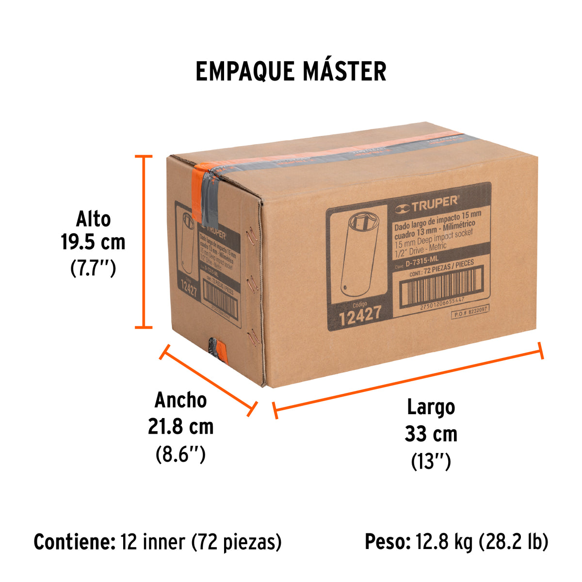 Dado de impacto, largo, 6 puntas, cuadro 1/2" de 15mm