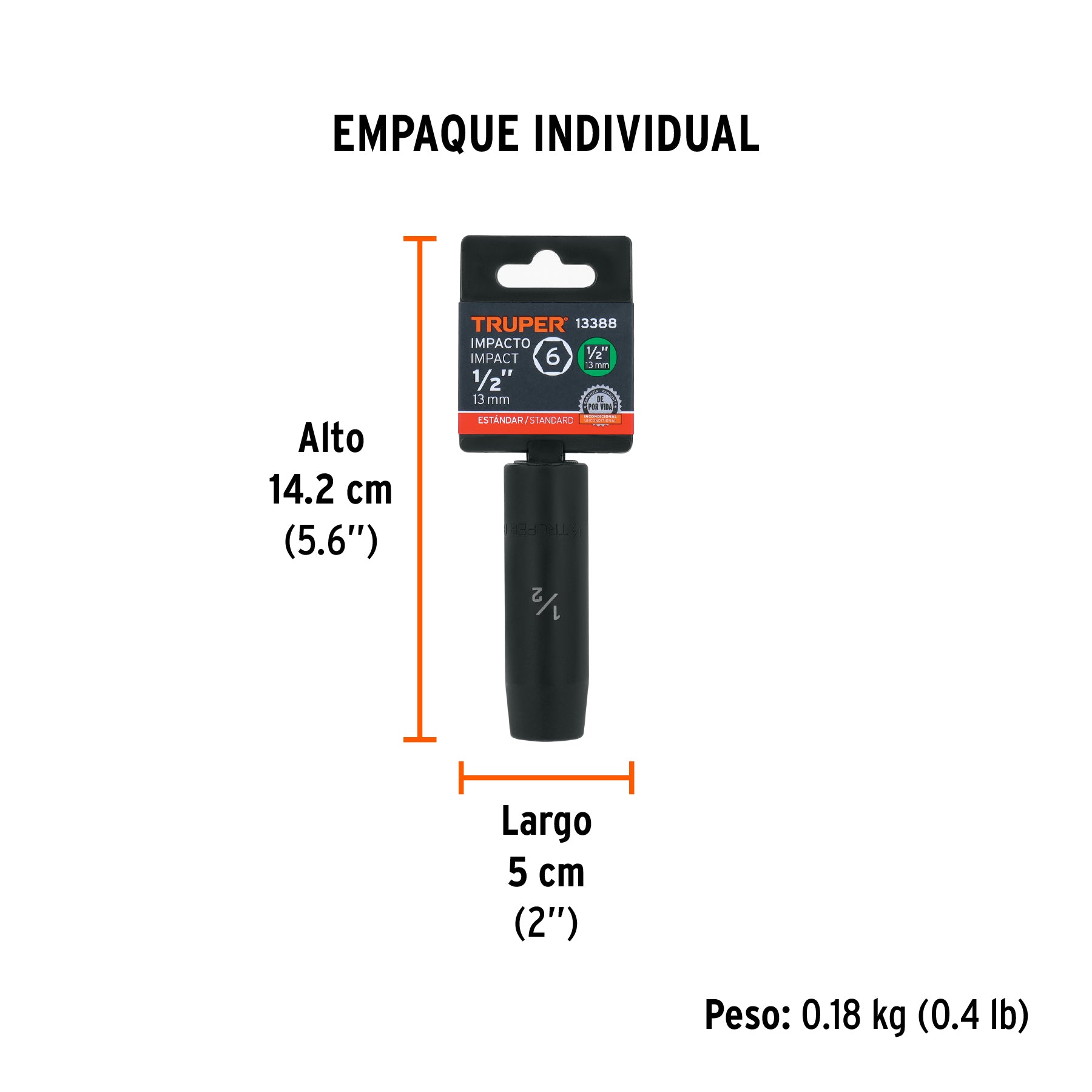 Dado de de impacto, largo, 6 puntas, cuadro 1/2" de 1/2"