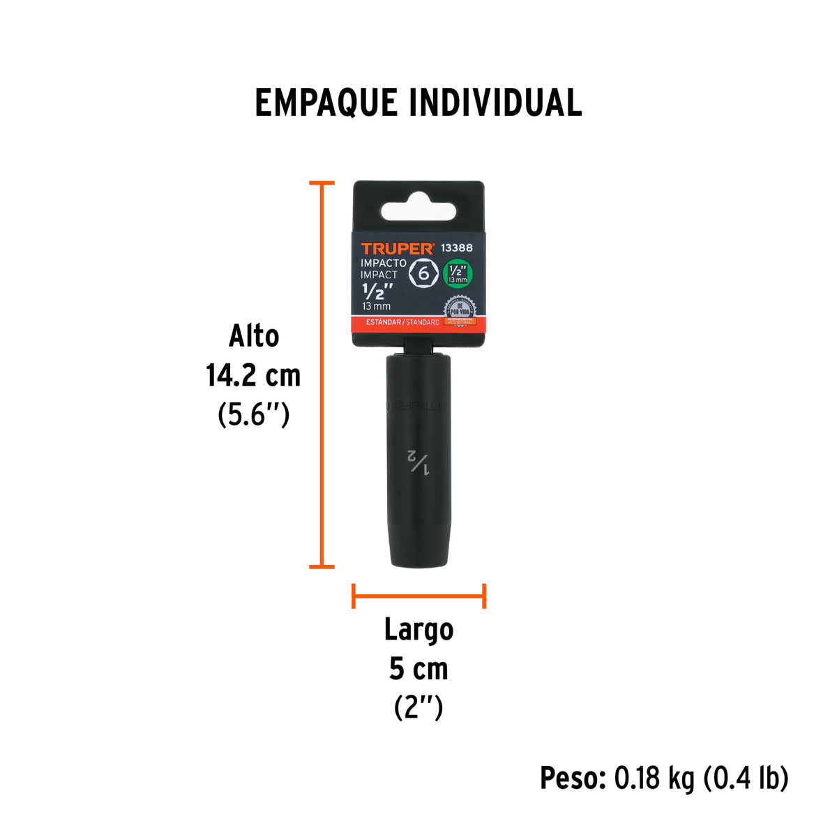 Dado de de impacto, largo, 6 puntas, cuadro 1/2" de 1/2"