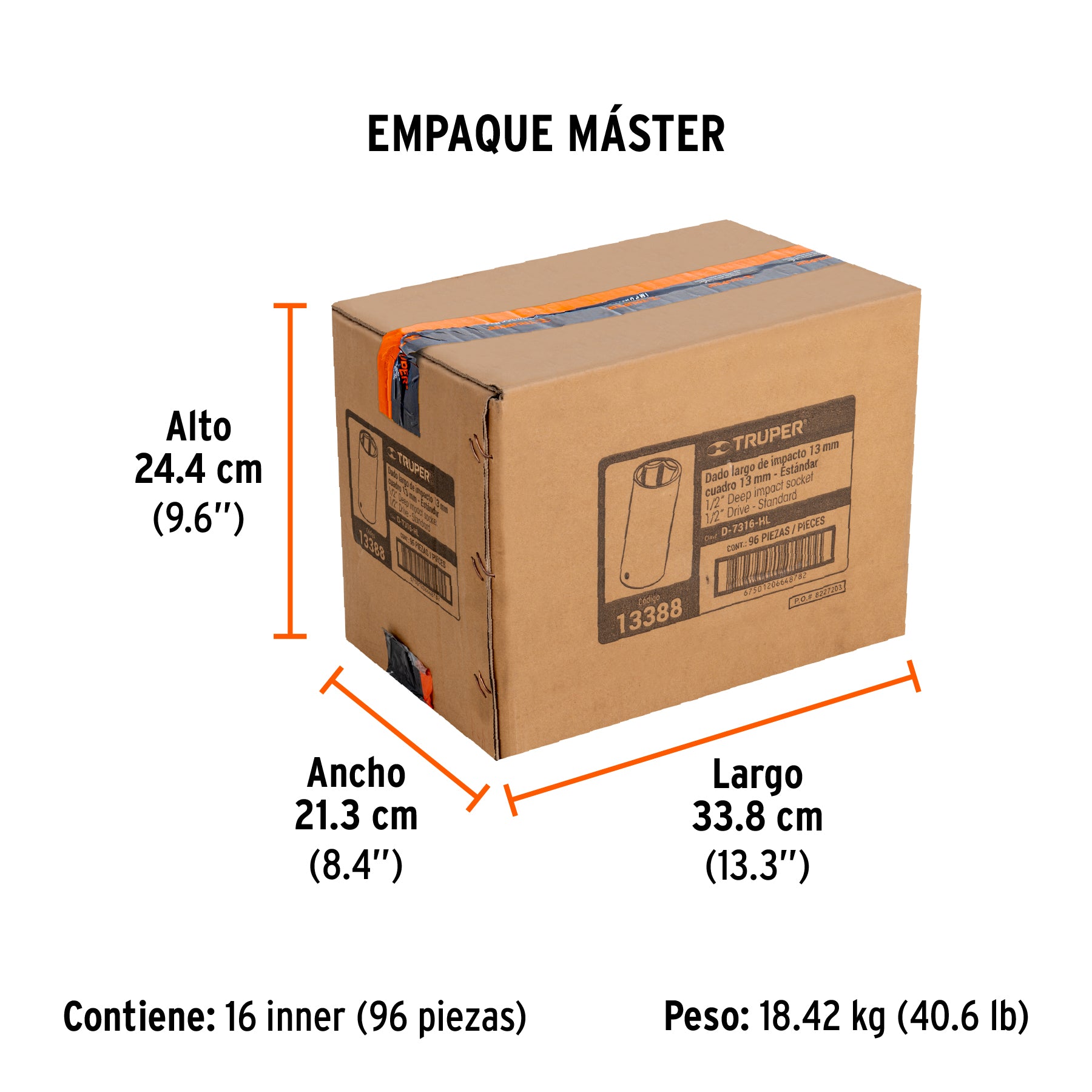 Dado de de impacto, largo, 6 puntas, cuadro 1/2" de 1/2"