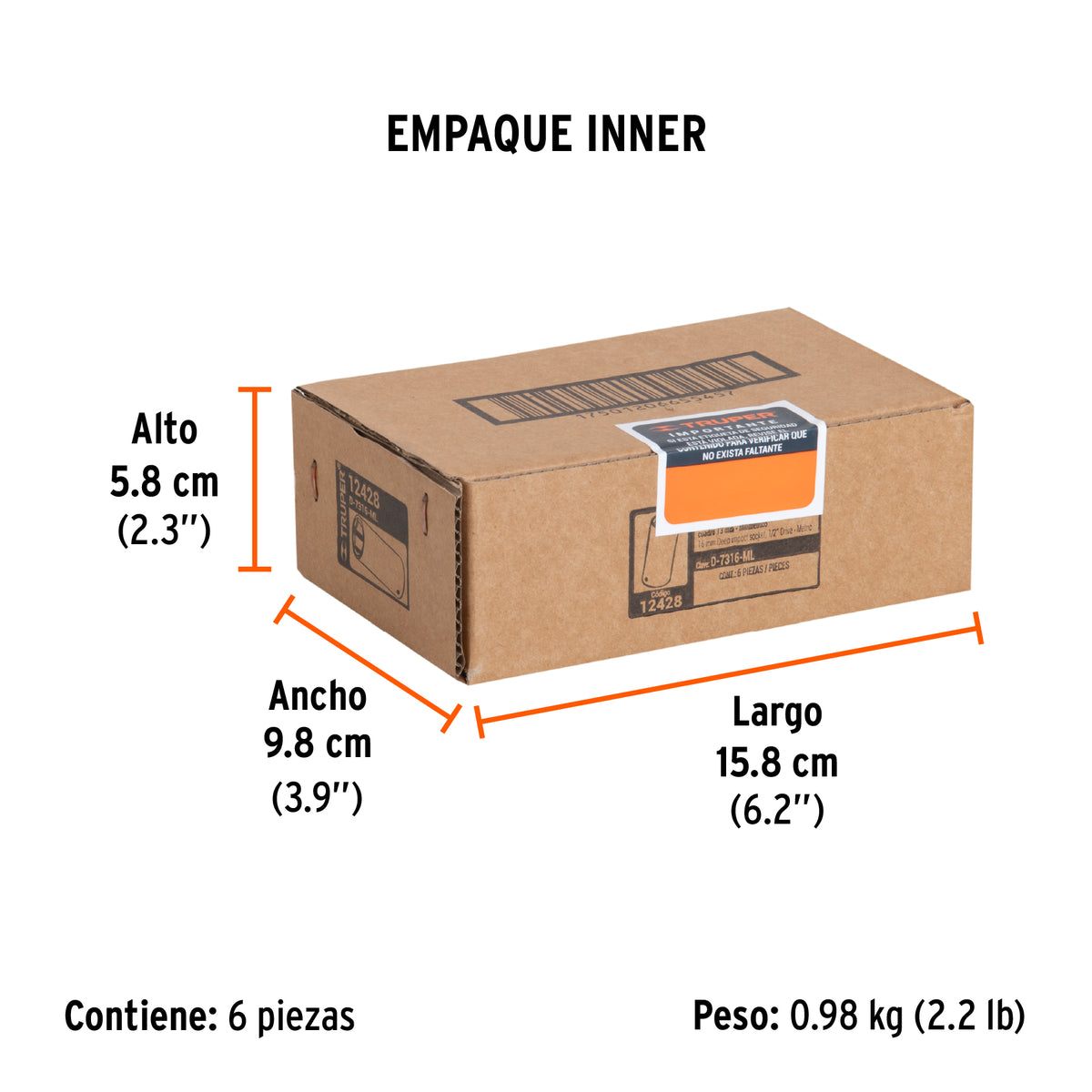 Dado de impacto, largo, 6 puntas, cuadro 1/2" de 16mm