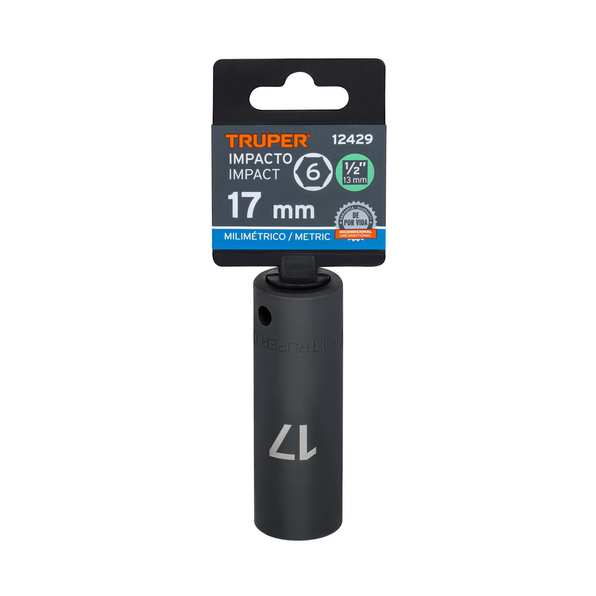 Dado de impacto, largo, 6 puntas, cuadro 1/2" de 17mm